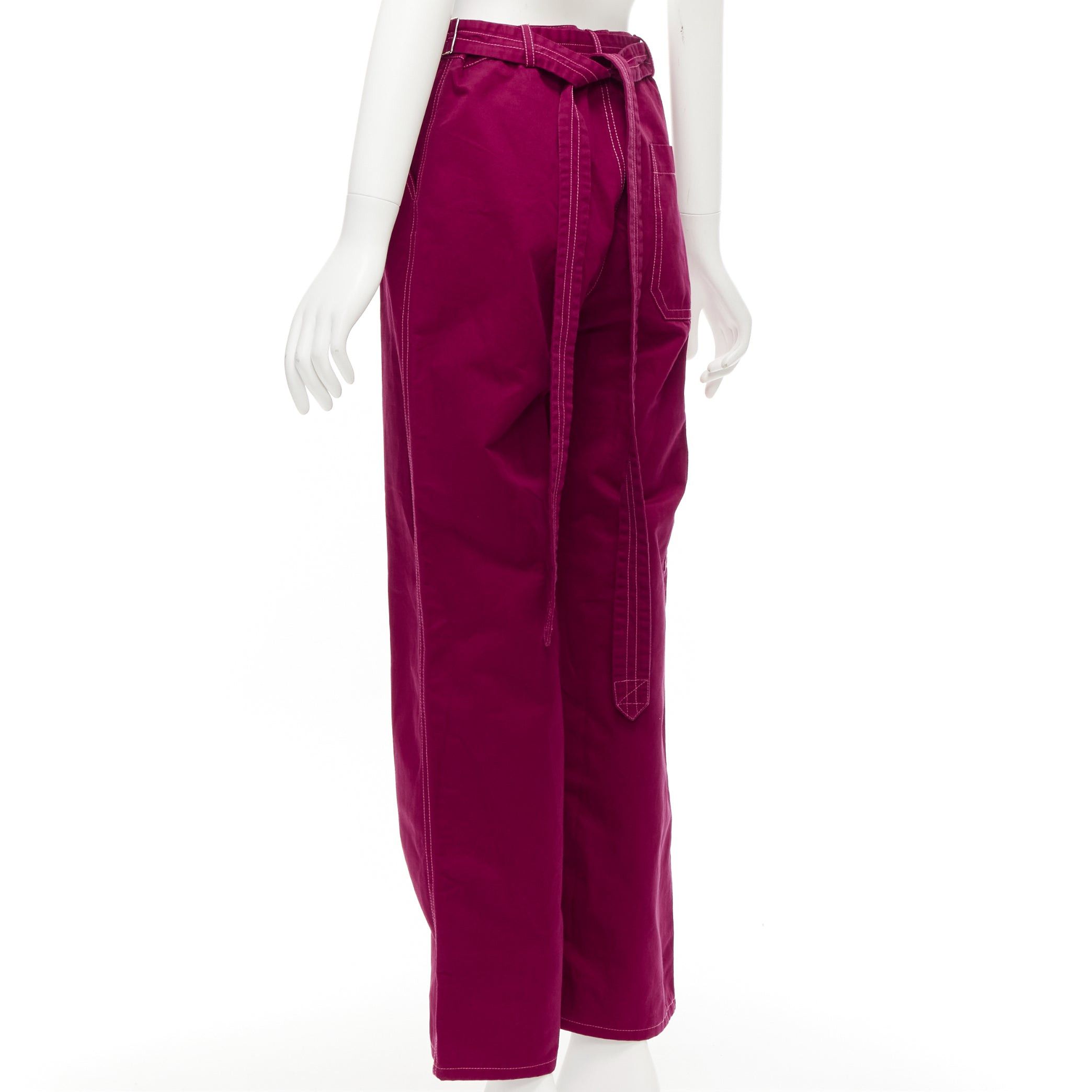 Marni MARNI burgundy cotton linen topstitch belt waist wide leg pants IT38 XS Size 26" / US 2 / IT 38 - 6 Thumbnail