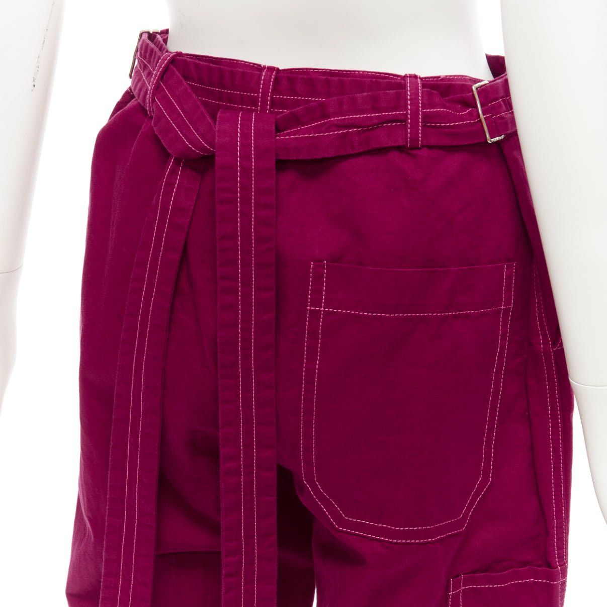 Marni MARNI burgundy cotton linen topstitch belt waist wide leg pants IT38 XS Size 26" / US 2 / IT 38 - 2 Thumbnail