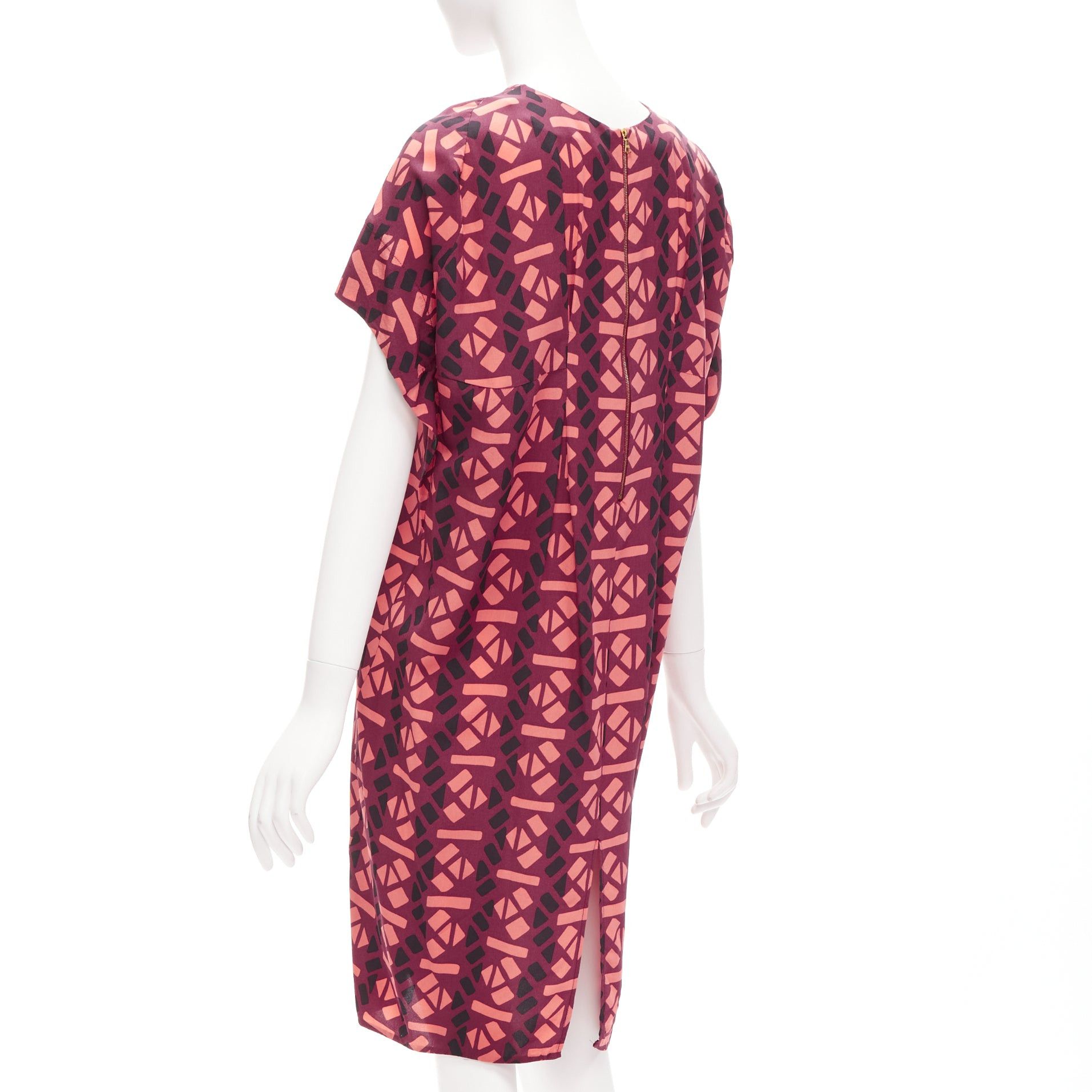 Marni MARNI 100% silk burgundy pink geometric print cap sleeves dress IT36 XS Size XS / US 0-2 / IT 36-38 - 2 Thumbnail