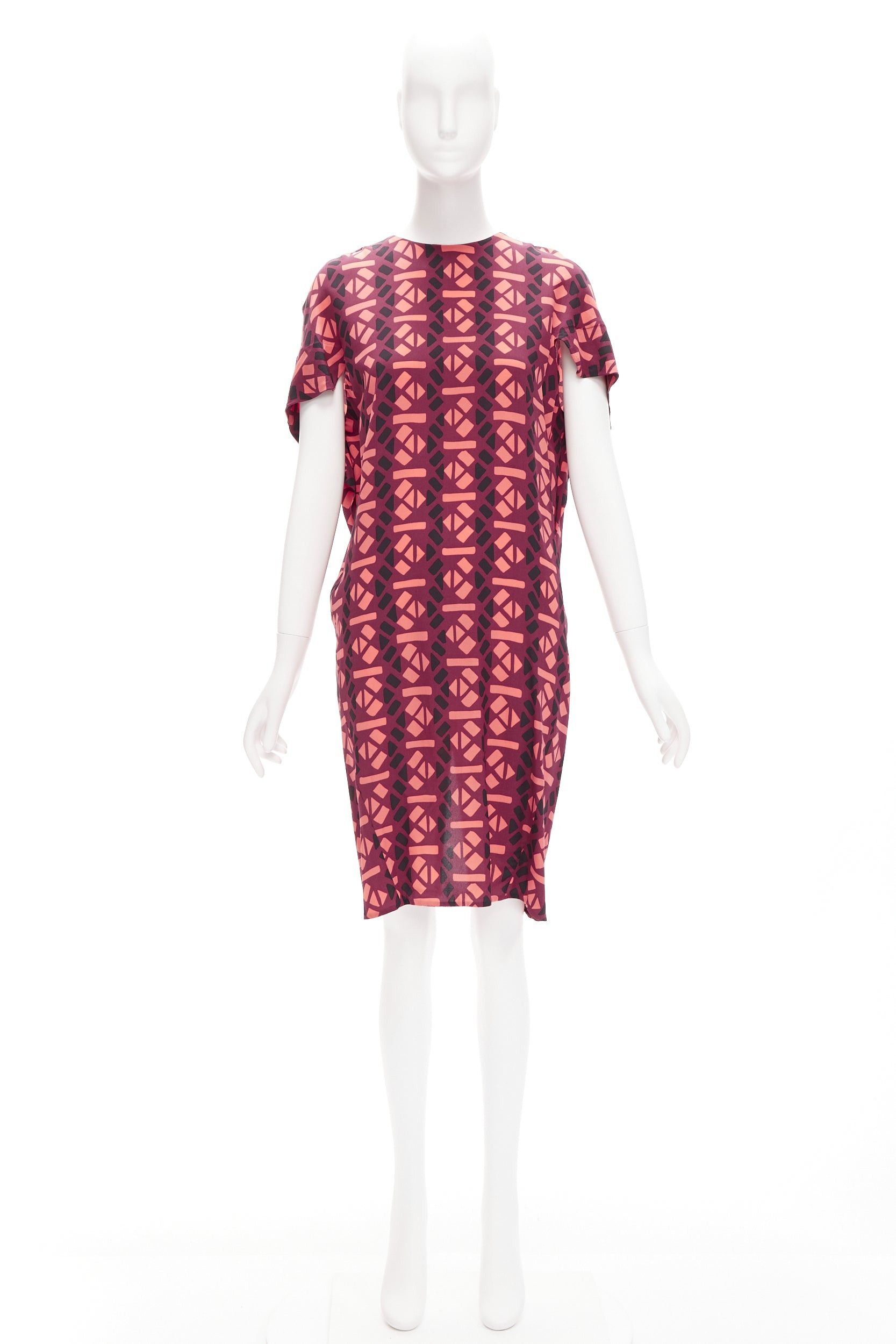 Marni MARNI 100% silk burgundy pink geometric print cap sleeves dress IT36 XS Size XS / US 0-2 / IT 36-38 - 9 Thumbnail