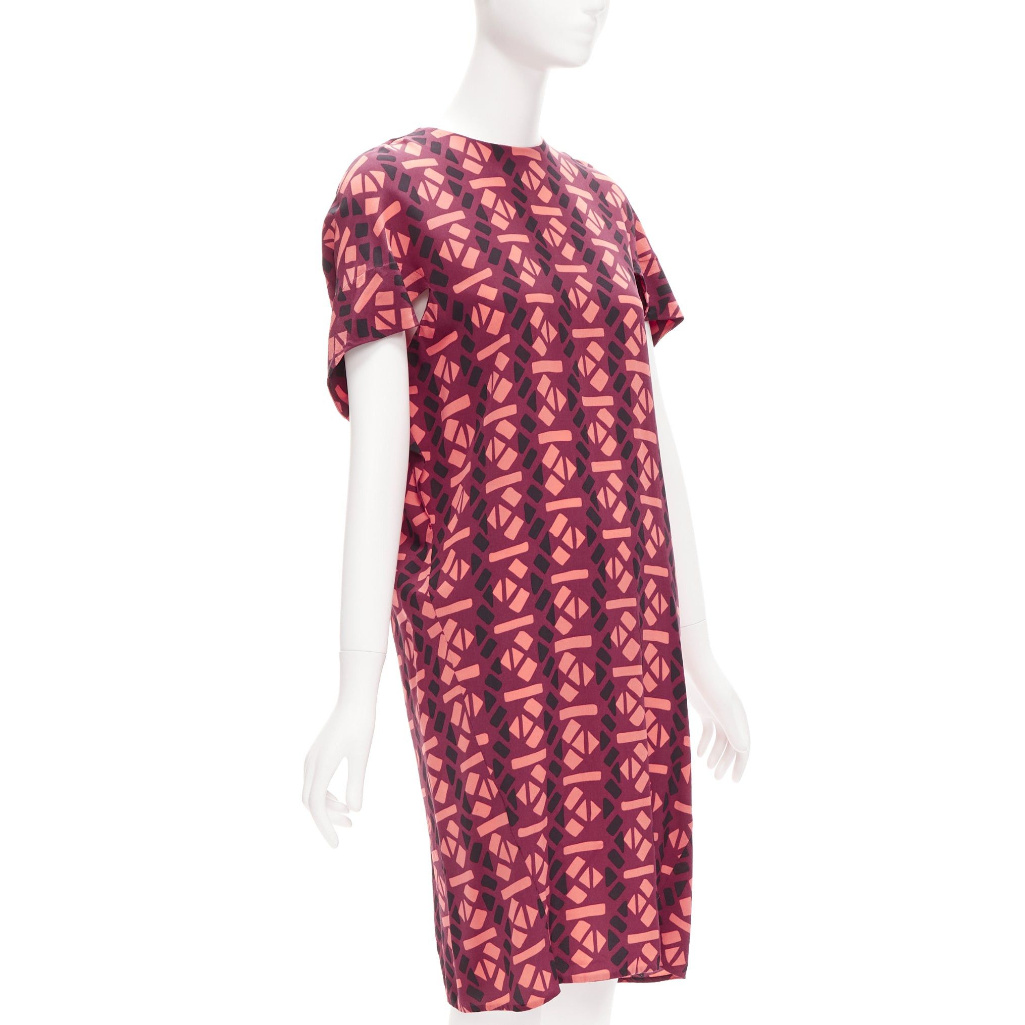Marni MARNI 100% silk burgundy pink geometric print cap sleeves dress IT36 XS Size XS / US 0-2 / IT 36-38 - 3 Thumbnail