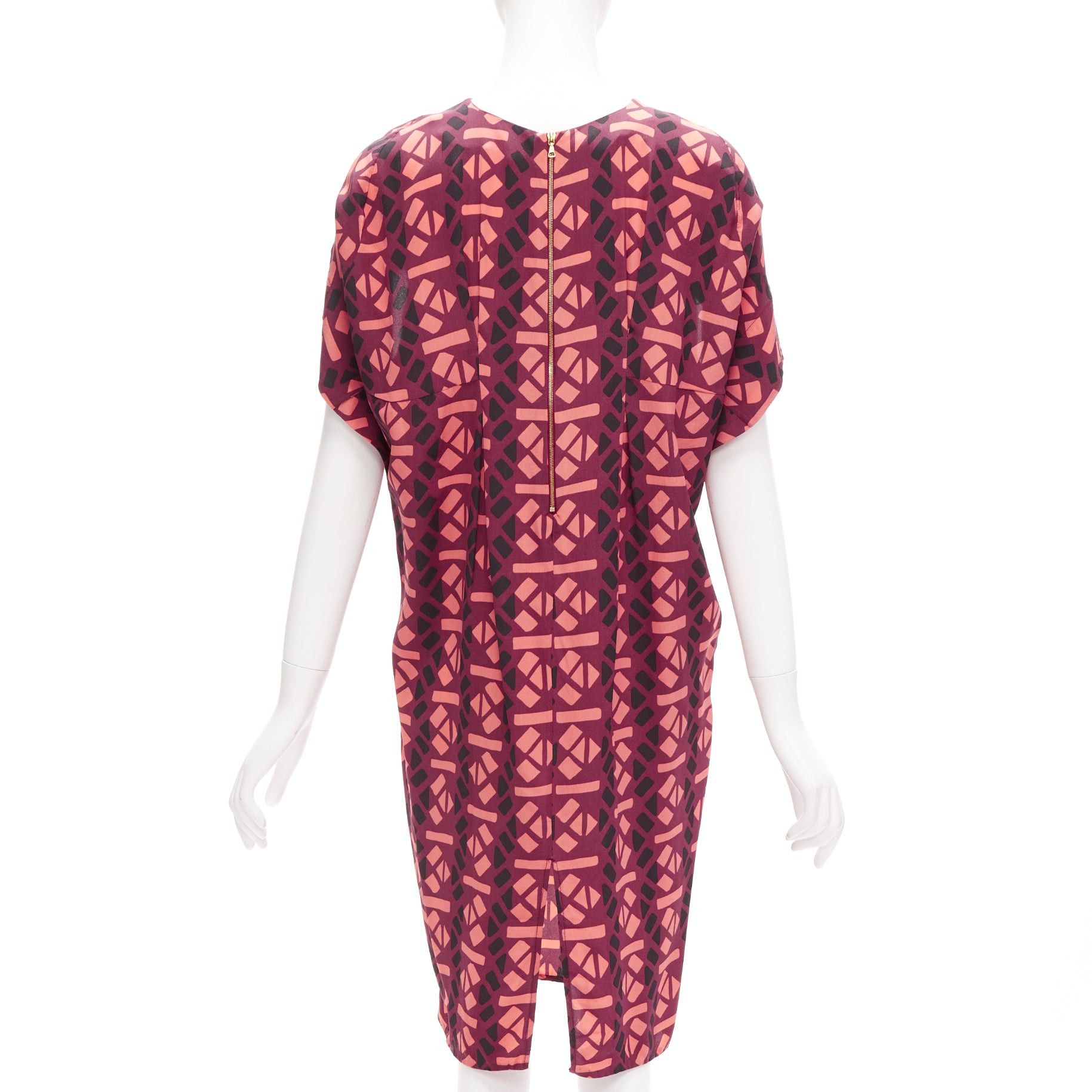 Marni MARNI 100% silk burgundy pink geometric print cap sleeves dress IT36 XS Size XS / US 0-2 / IT 36-38 - 5 Thumbnail