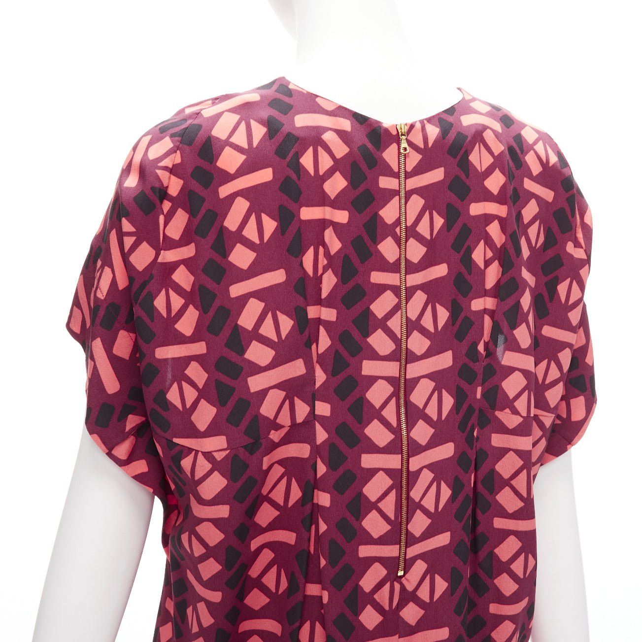 Marni MARNI 100% silk burgundy pink geometric print cap sleeves dress IT36 XS Size XS / US 0-2 / IT 36-38 - 6 Thumbnail