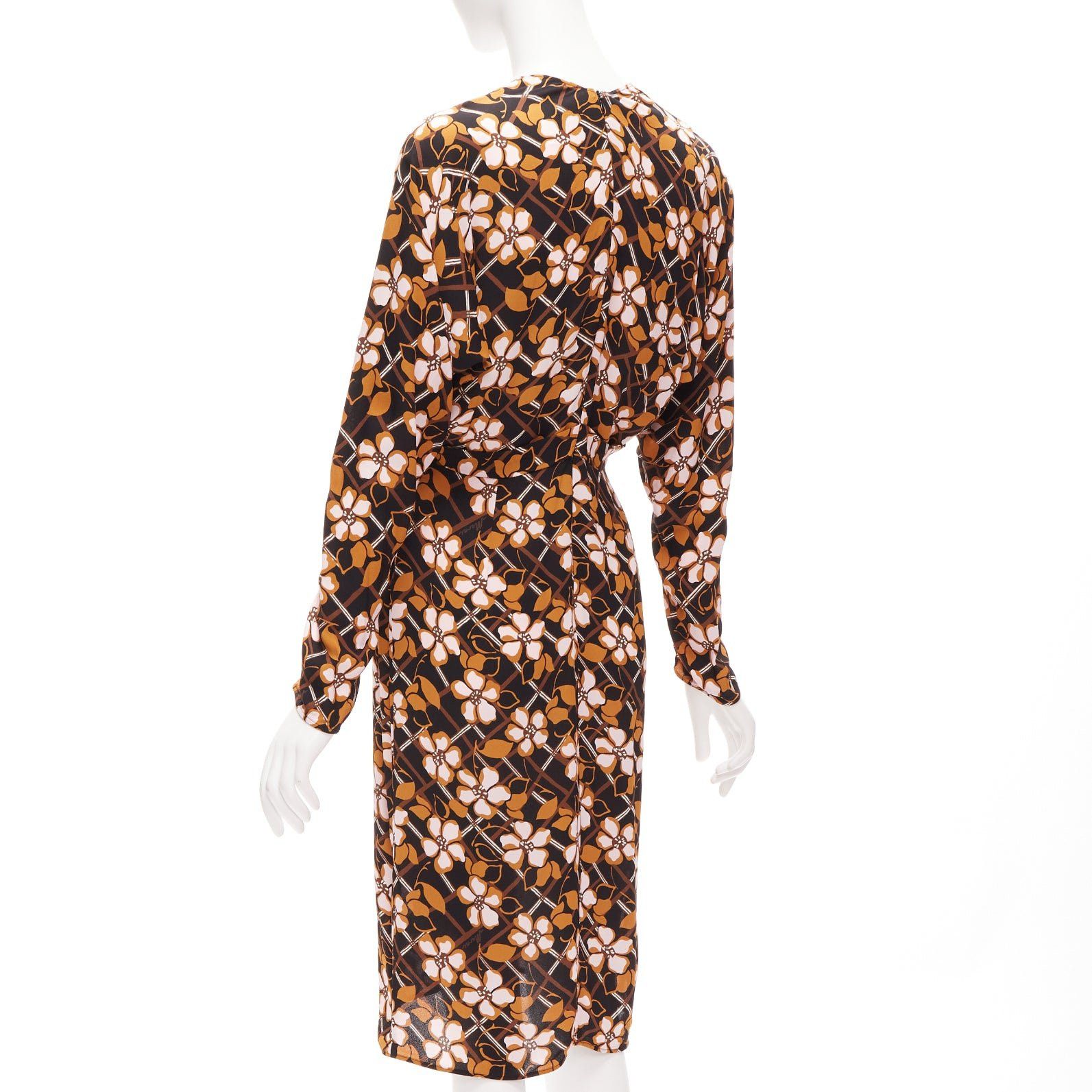 Marni MARNI pink brown geometric flower print panelled sleeves V neck dress IT38 XS Size XS / US 0-2 / IT 36-38 - 6 Thumbnail