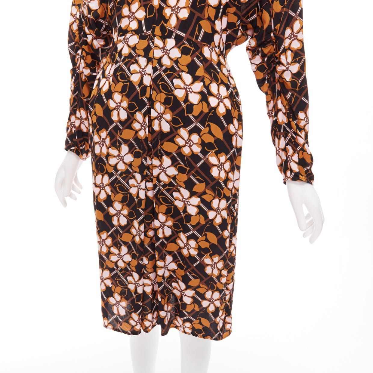Marni MARNI pink brown geometric flower print panelled sleeves V neck dress IT38 XS Size XS / US 0-2 / IT 36-38 - 2 Thumbnail