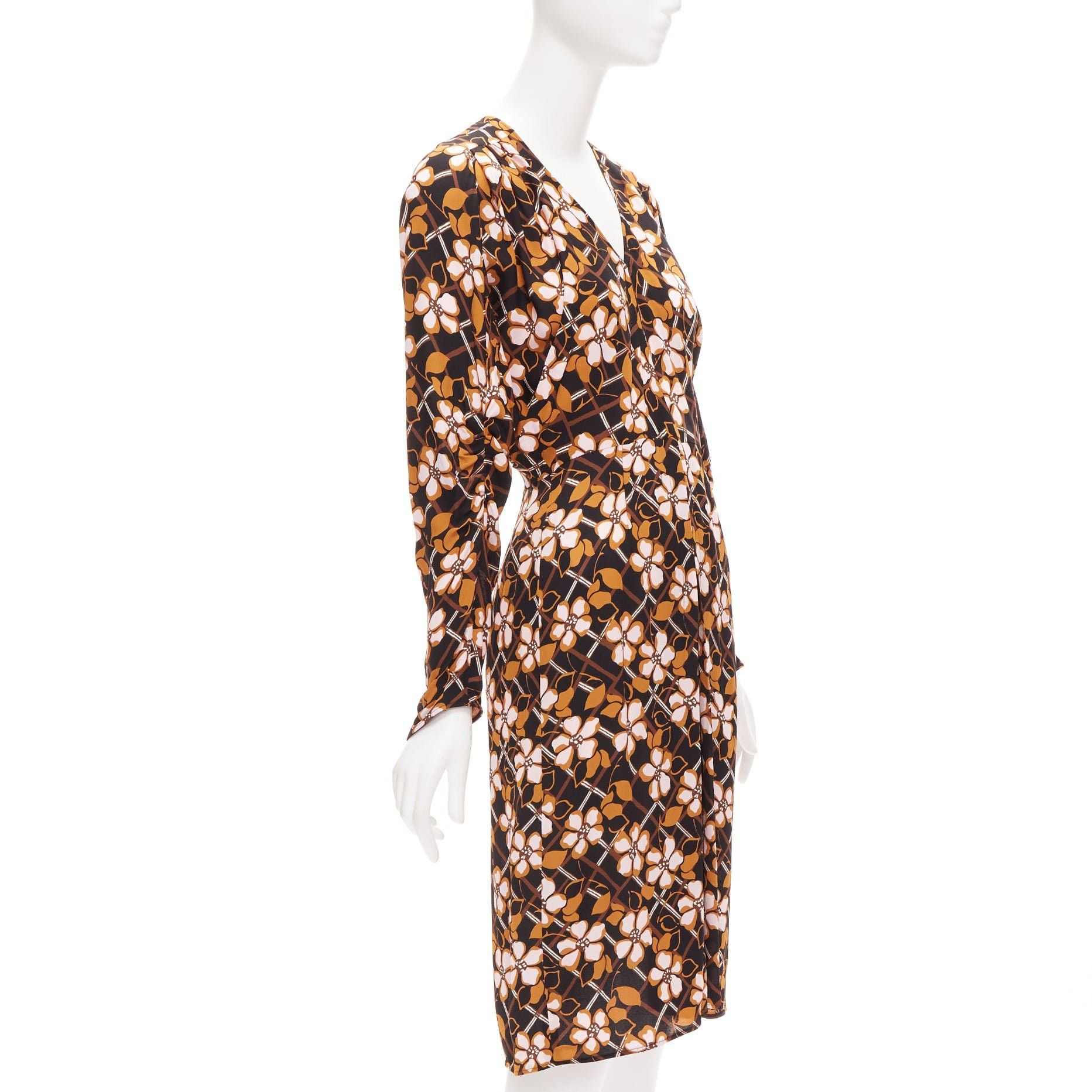 Marni MARNI pink brown geometric flower print panelled sleeves V neck dress IT38 XS Size XS / US 0-2 / IT 36-38 - 3 Thumbnail