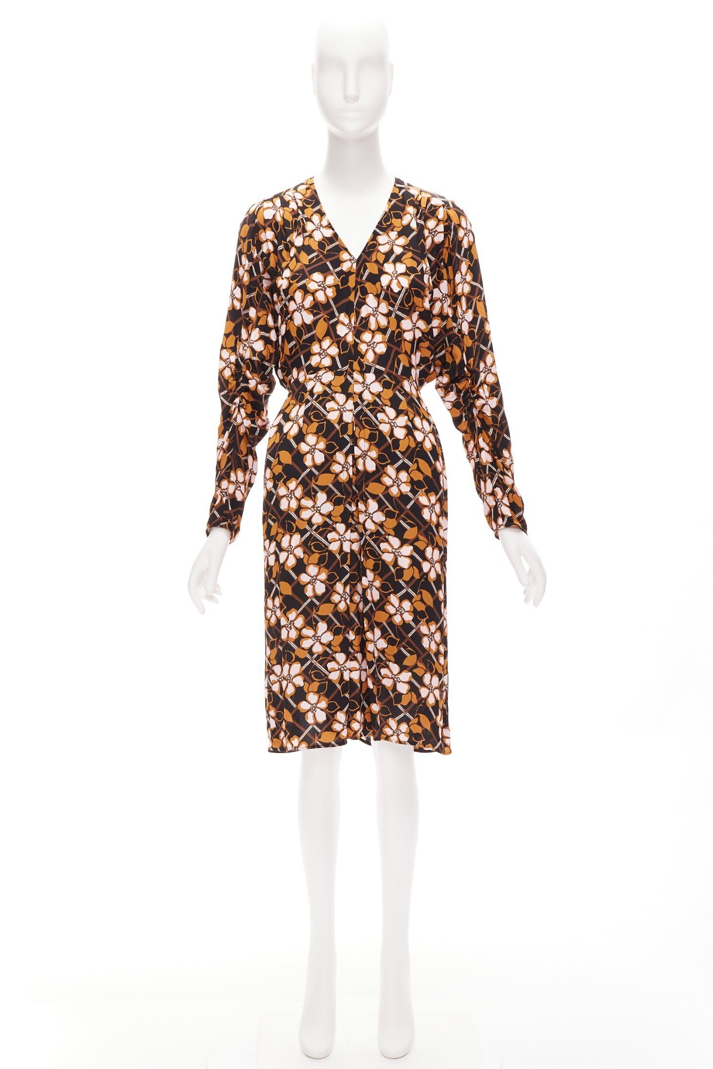 Marni MARNI pink brown geometric flower print panelled sleeves V neck dress IT38 XS Size XS / US 0-2 / IT 36-38 - 9 Thumbnail