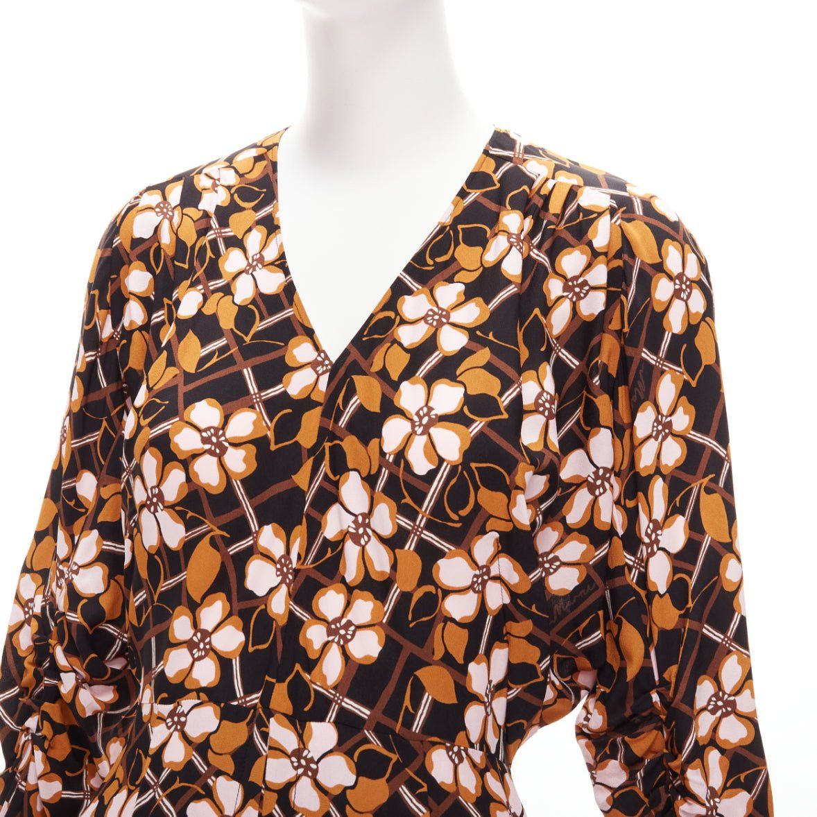 Marni MARNI pink brown geometric flower print panelled sleeves V neck dress IT38 XS Size XS / US 0-2 / IT 36-38 - 7 Thumbnail