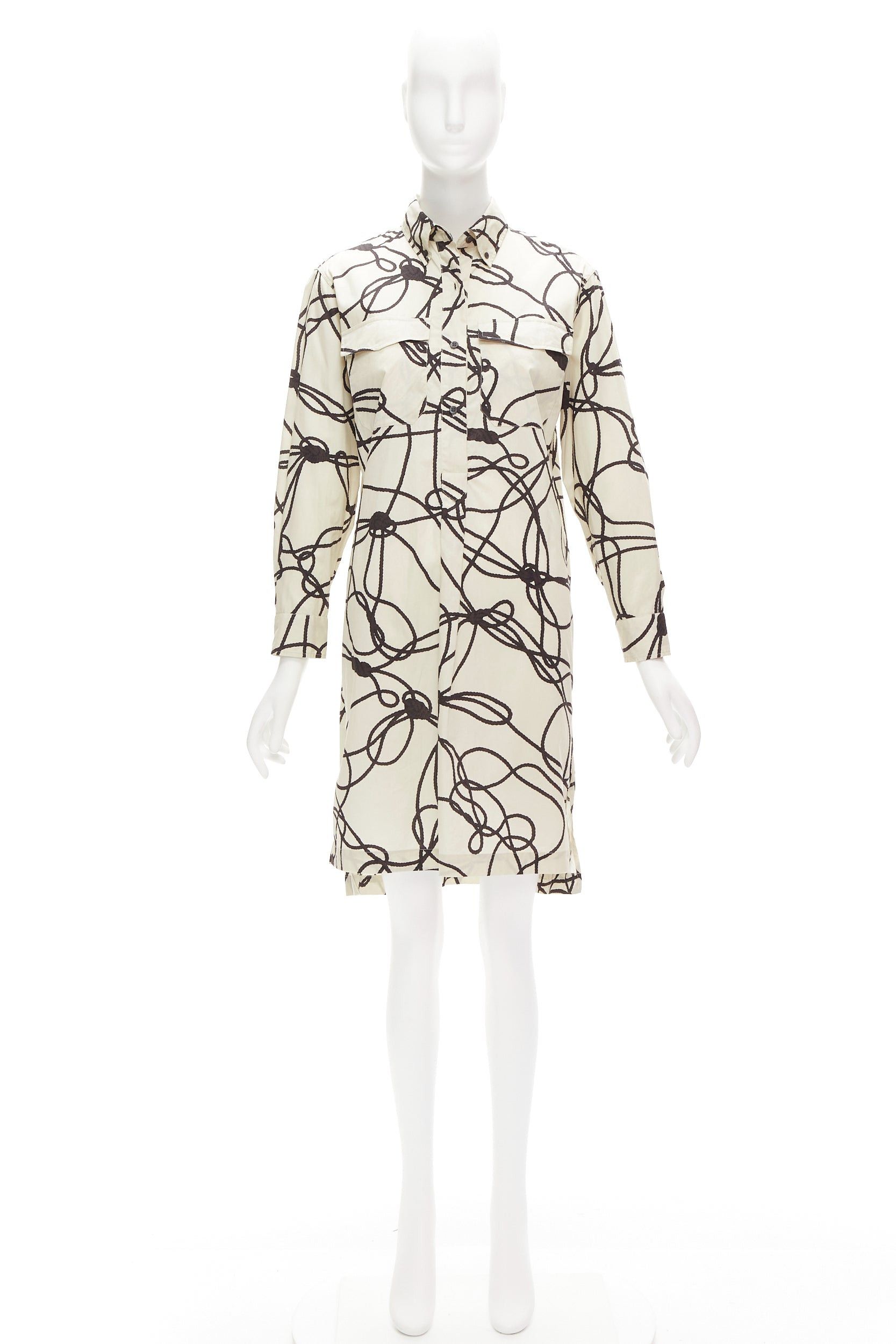 Dries Van Noten DRIES VAN NOTEN beige black rope print cotton pocketed shirt dress FR34 XS Size XS / US 0-2 / IT 36-38 - 9 Thumbnail