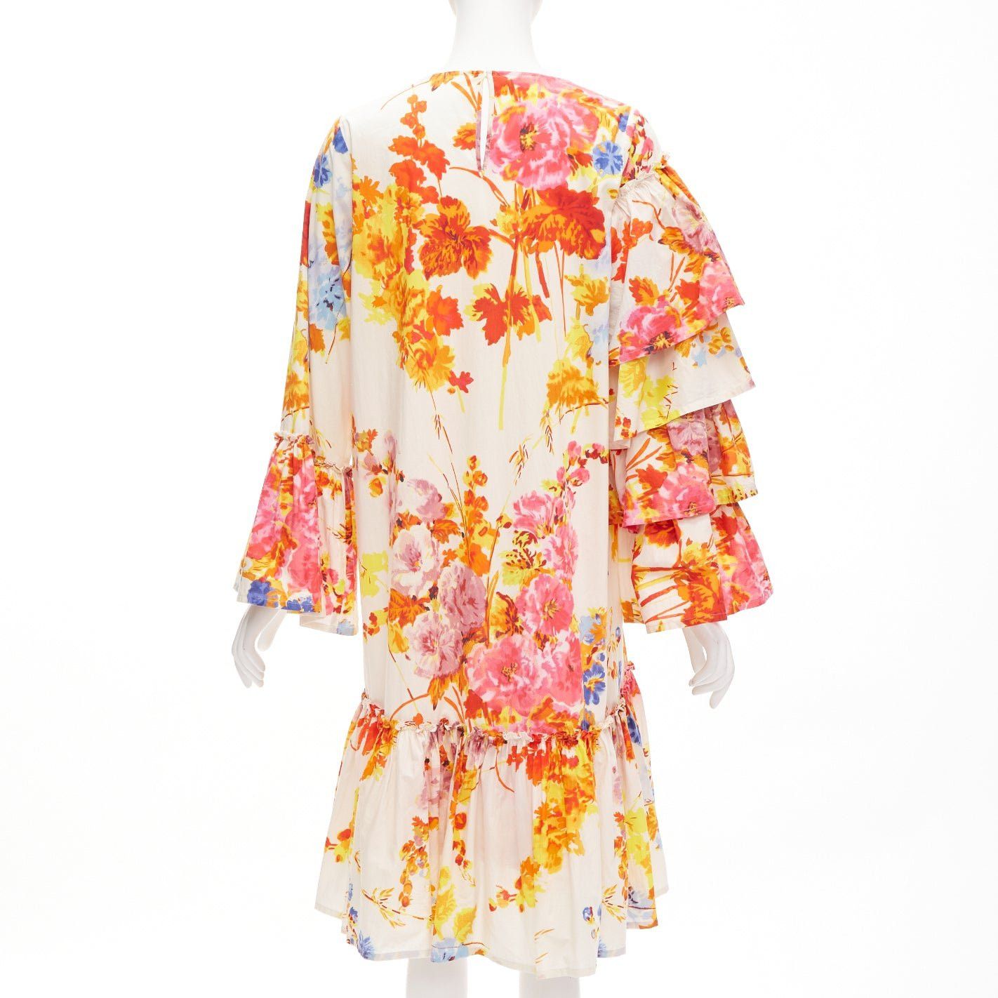 Dries Van Noten DRIES VAN NOTEN Runway cream colourful floral tiered sleeve ruffle midi dress FR34 XS Size XS / US 0-2 / IT 36-38 - 5 Thumbnail