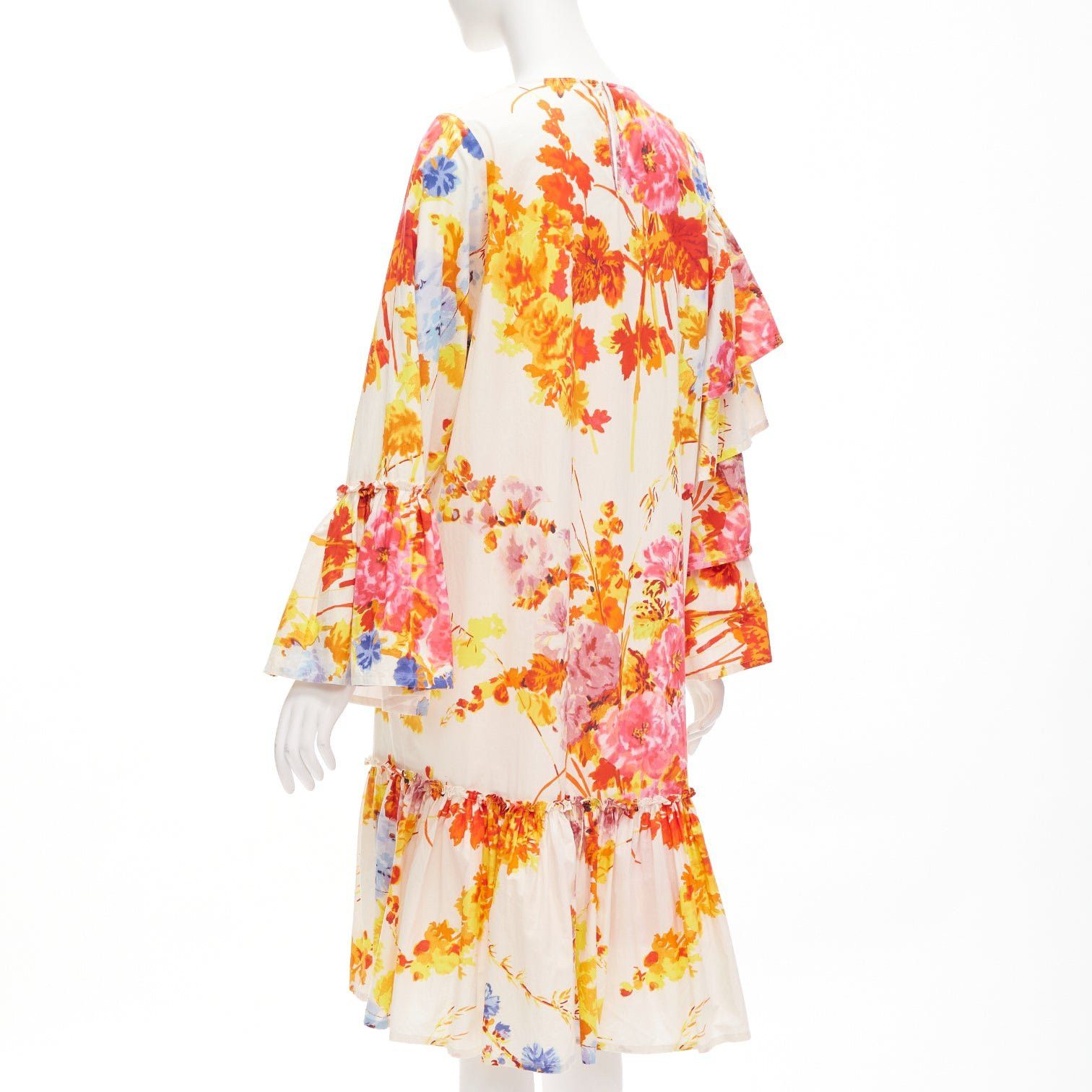 Dries Van Noten DRIES VAN NOTEN Runway cream colourful floral tiered sleeve ruffle midi dress FR34 XS Size XS / US 0-2 / IT 36-38 - 6 Thumbnail