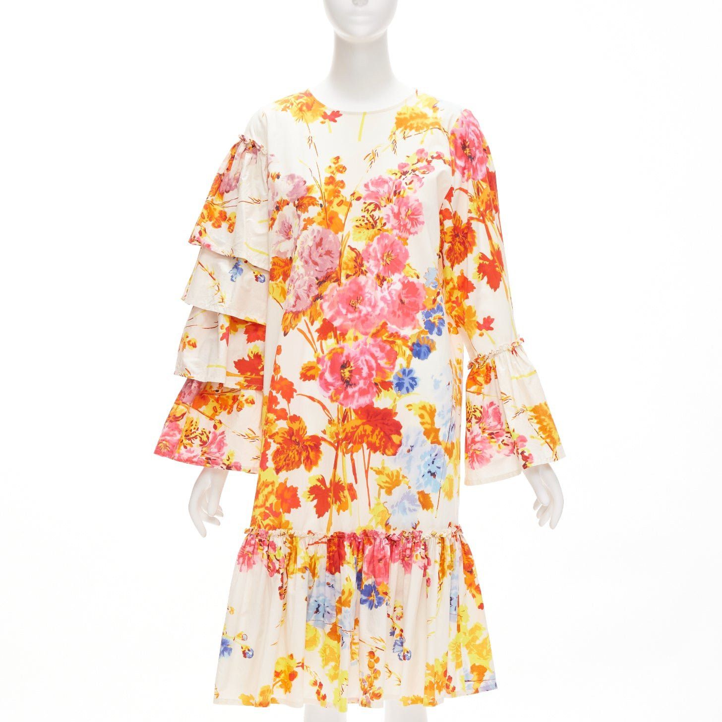 Dries Van Noten DRIES VAN NOTEN Runway cream colourful floral tiered sleeve ruffle midi dress FR34 XS Size XS / US 0-2 / IT 36-38 - 3 Thumbnail