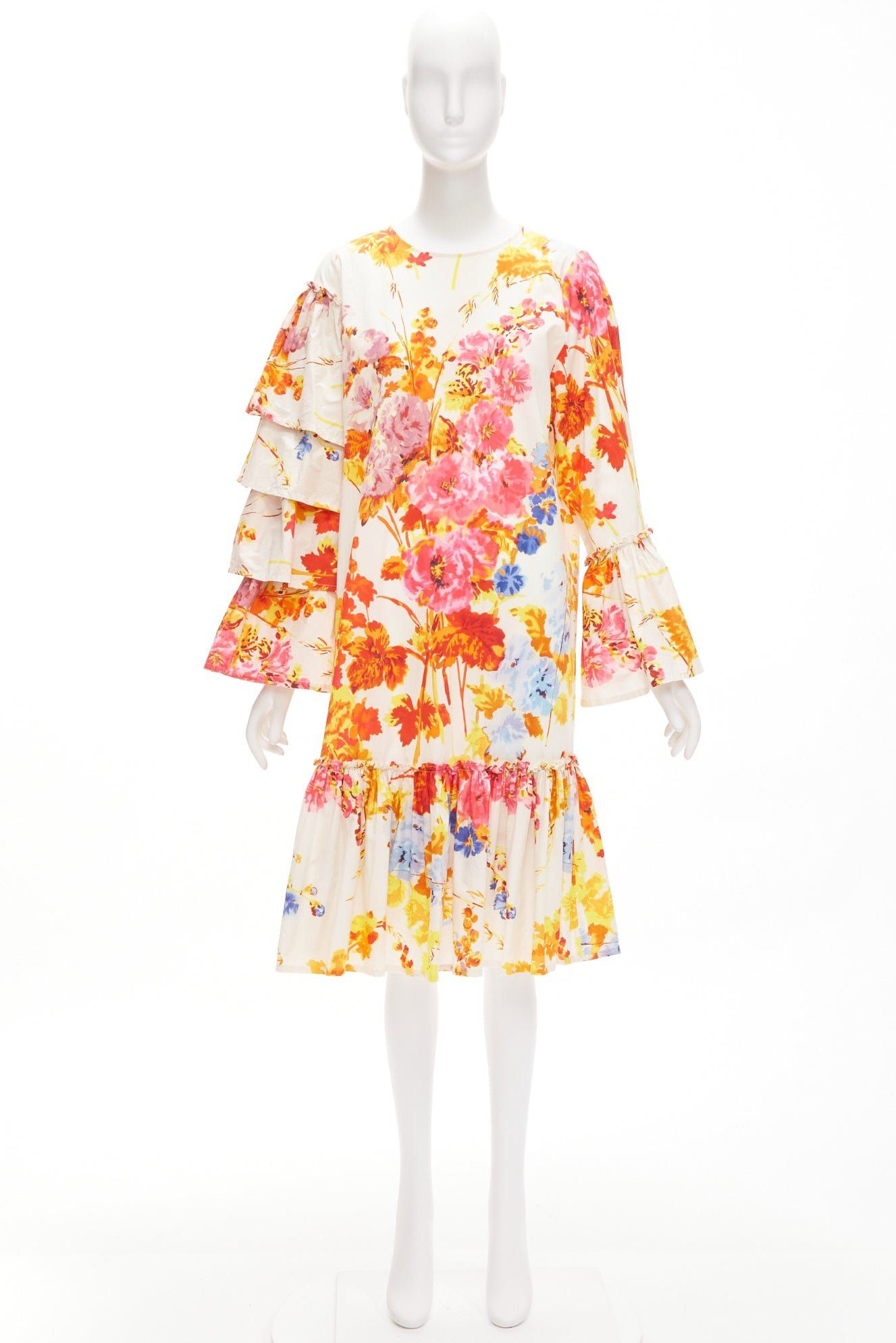 Dries Van Noten DRIES VAN NOTEN Runway cream colourful floral tiered sleeve ruffle midi dress FR34 XS Size XS / US 0-2 / IT 36-38 - 9 Thumbnail
