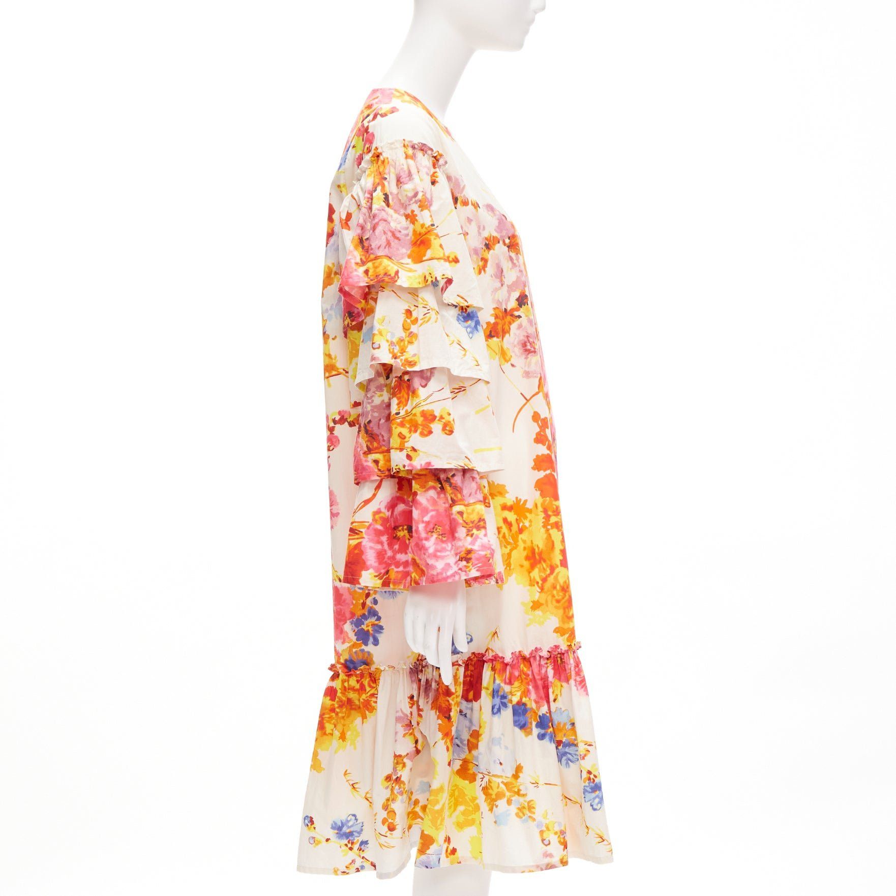 Dries Van Noten DRIES VAN NOTEN Runway cream colourful floral tiered sleeve ruffle midi dress FR34 XS Size XS / US 0-2 / IT 36-38 - 4 Thumbnail