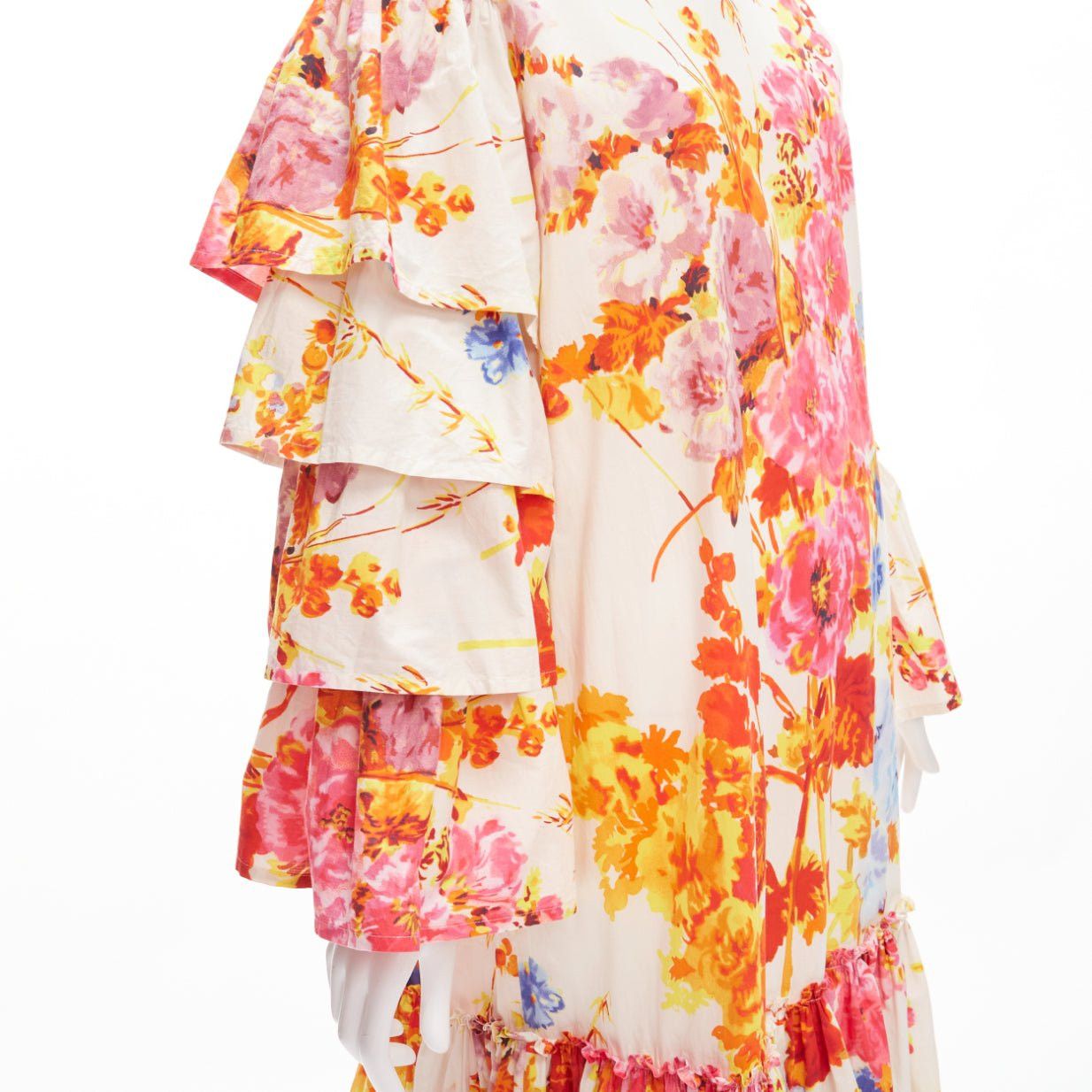 Dries Van Noten DRIES VAN NOTEN Runway cream colourful floral tiered sleeve ruffle midi dress FR34 XS Size XS / US 0-2 / IT 36-38 - 7 Thumbnail