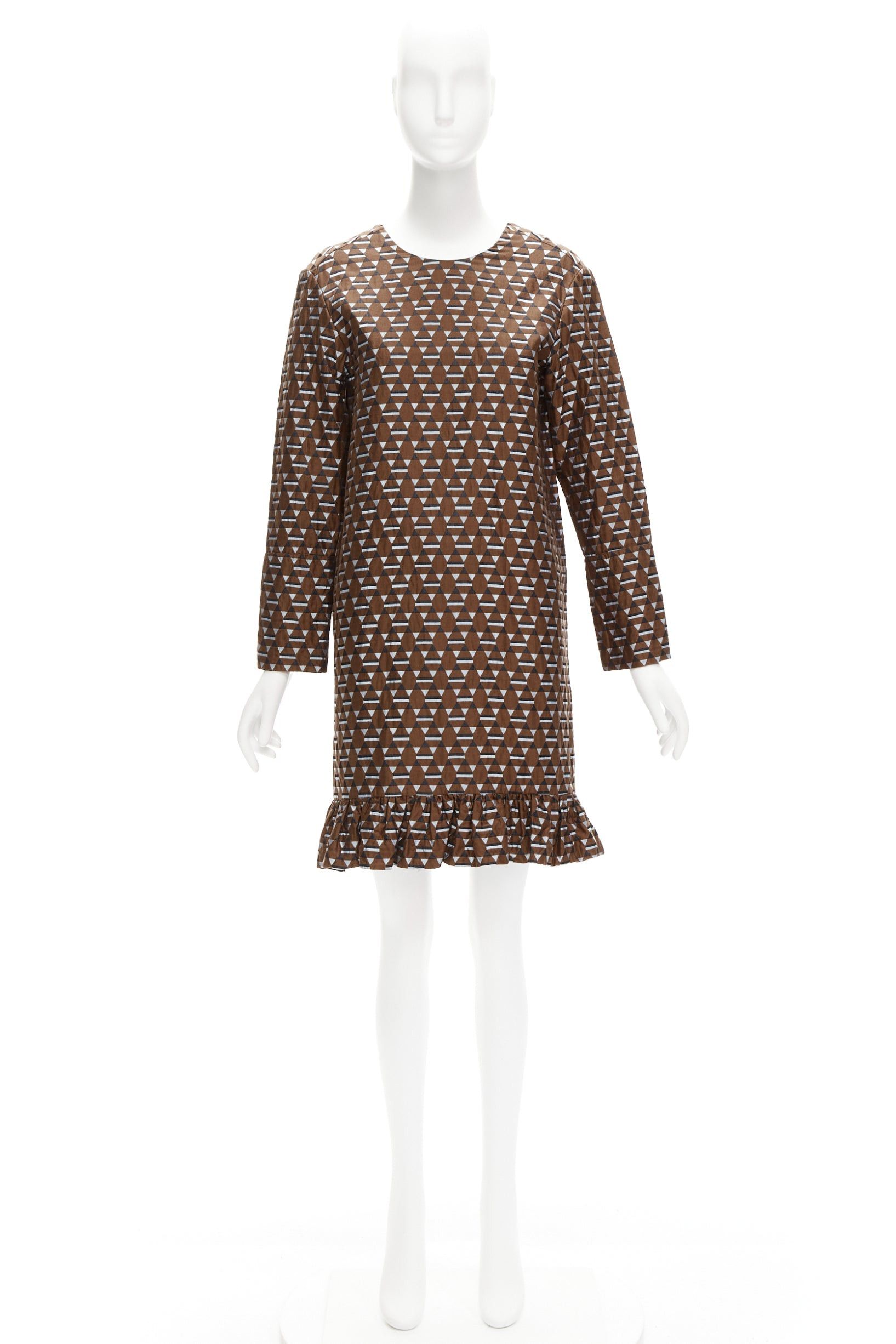Marni MARNI brown blue geometric jacquard frill hem dress IT38 XS Size XS / US 0-2 / IT 36-38 - 9 Thumbnail