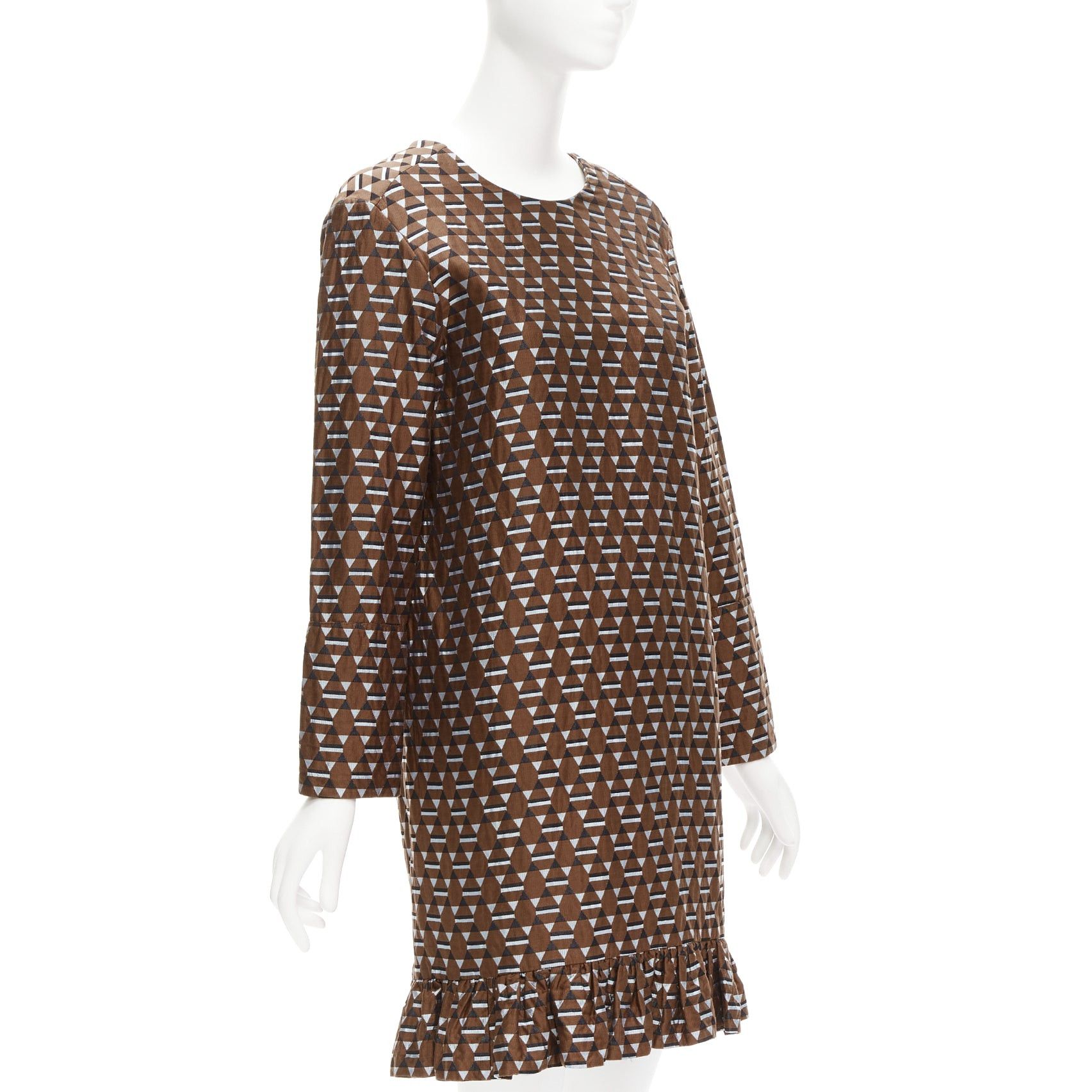 Marni MARNI brown blue geometric jacquard frill hem dress IT38 XS Size XS / US 0-2 / IT 36-38 - 3 Thumbnail