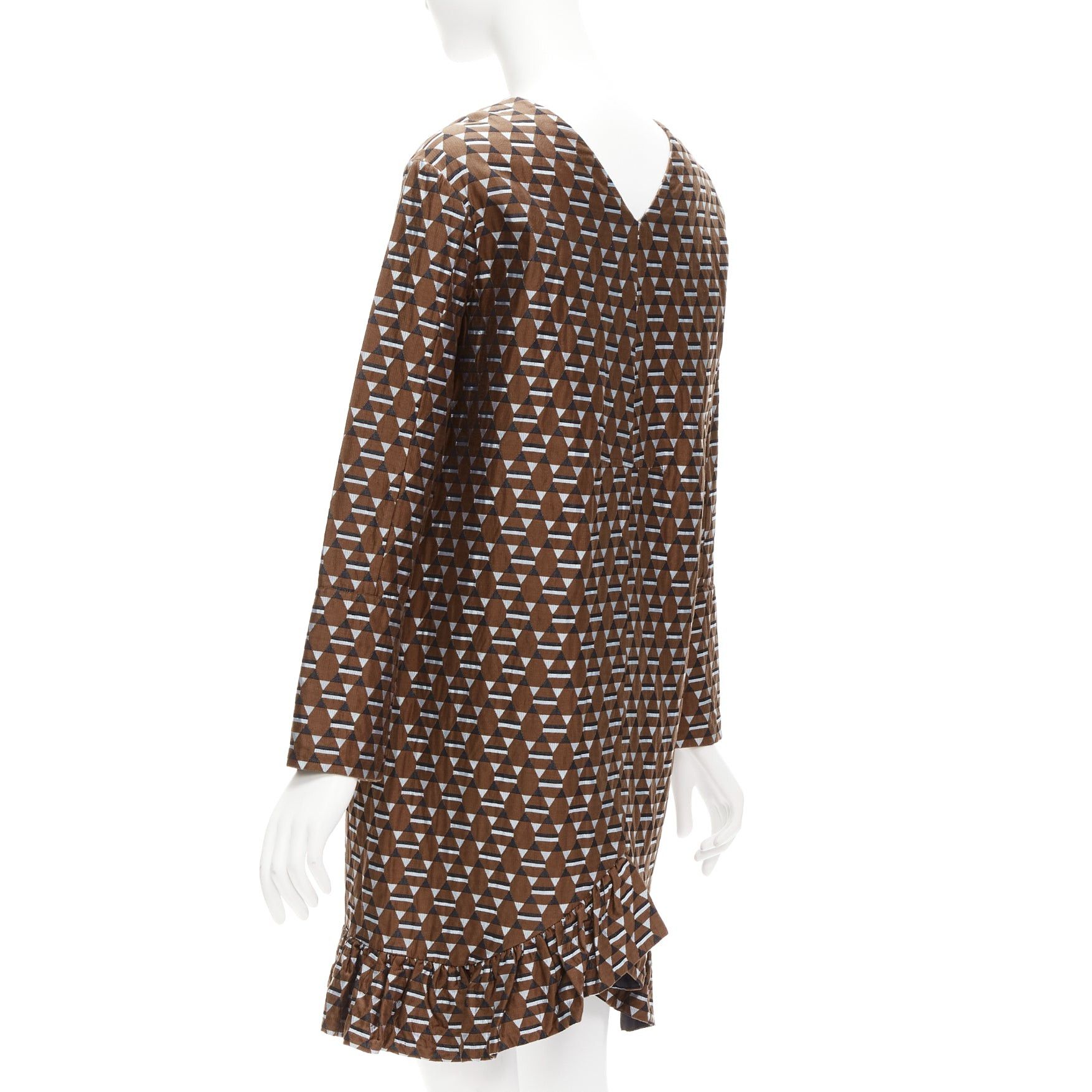 Marni MARNI brown blue geometric jacquard frill hem dress IT38 XS Size XS / US 0-2 / IT 36-38 - 6 Thumbnail