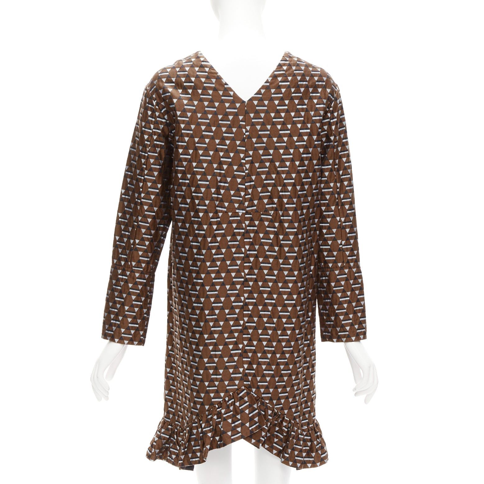 Marni MARNI brown blue geometric jacquard frill hem dress IT38 XS Size XS / US 0-2 / IT 36-38 - 5 Thumbnail