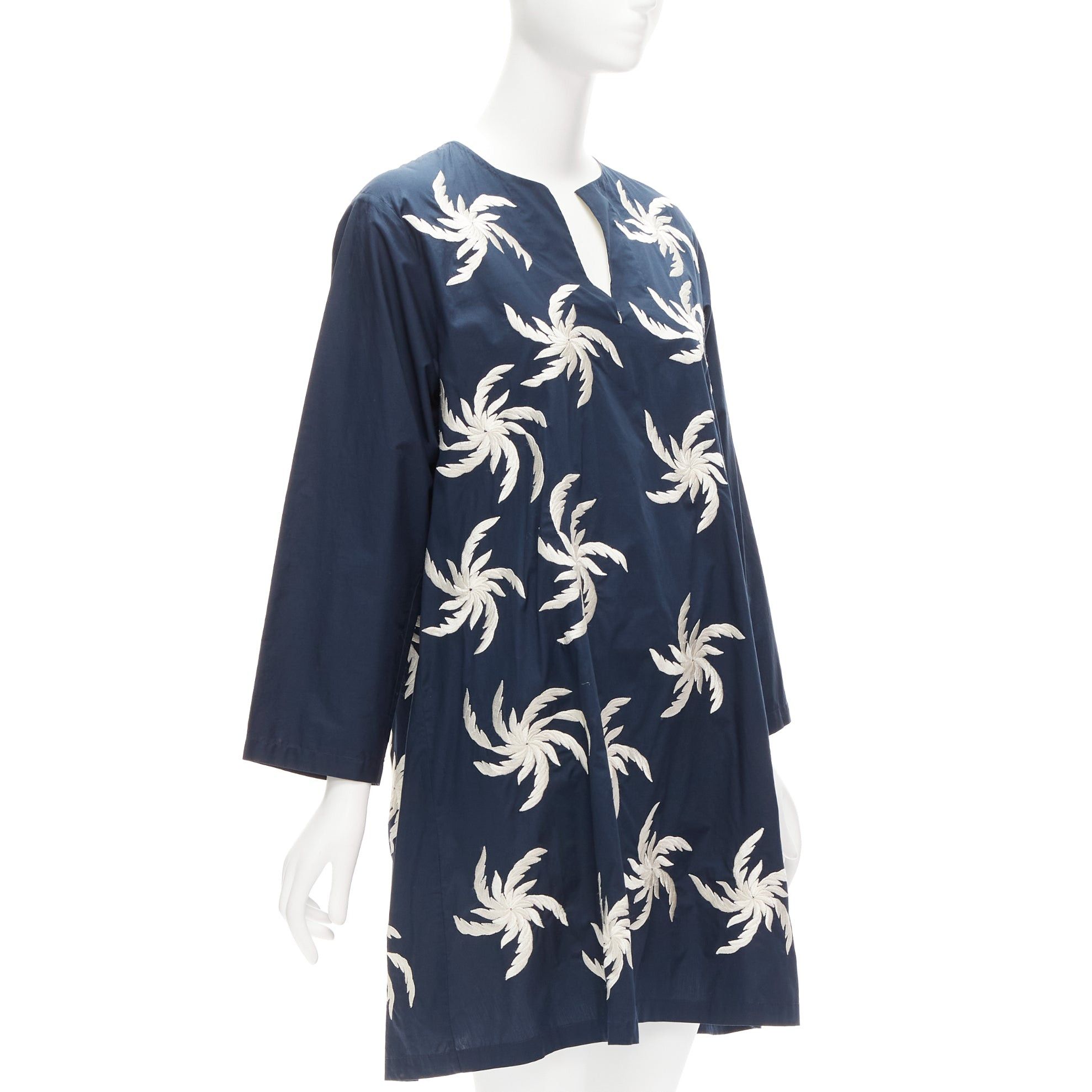 Dries Van Noten DRIES VAN NOTEN navy white 100% cotton floral embroidery boxy dress XS Size S / US 4 / IT 40 - 3 Thumbnail