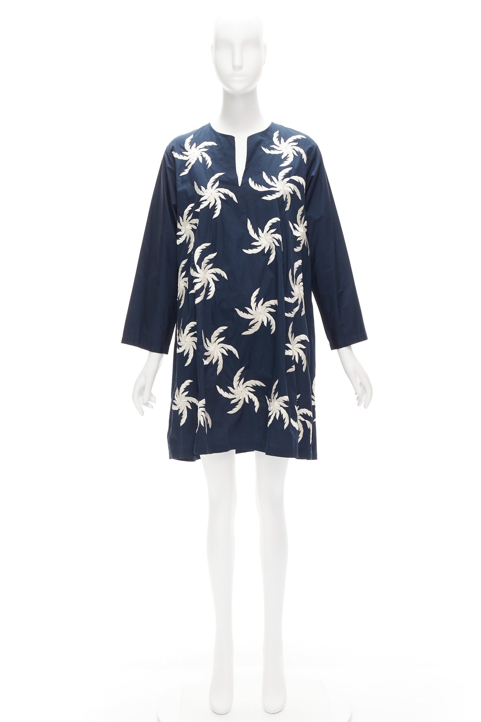 Dries Van Noten DRIES VAN NOTEN navy white 100% cotton floral embroidery boxy dress XS Size S / US 4 / IT 40 - 8 Thumbnail
