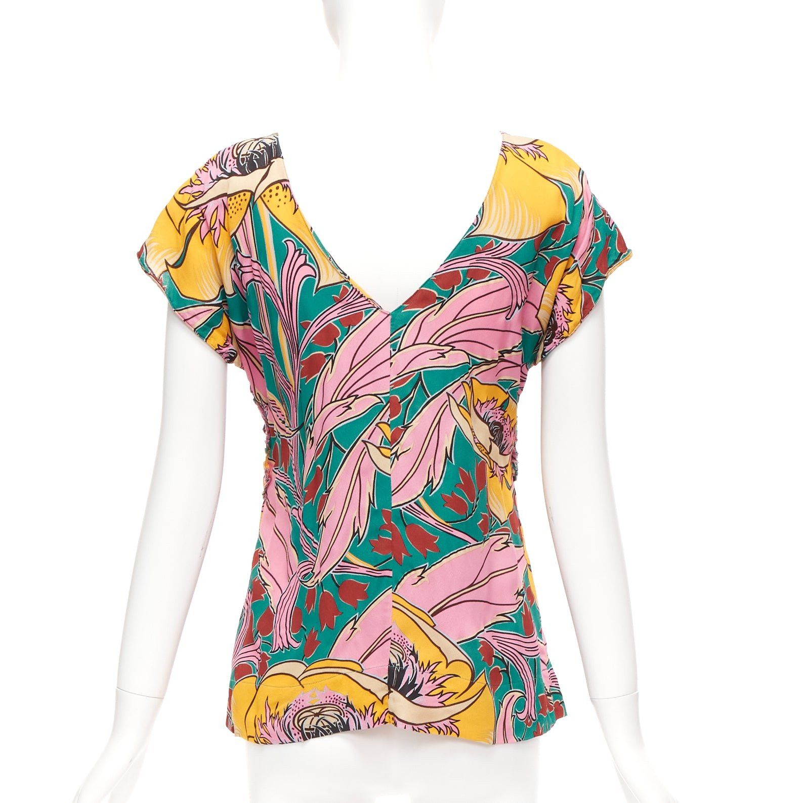 Marni MARNI pink green floral illustration print gathered side cap sleeve top IT38 XS Size XS / US 0-2 / IT 36-38 - 5 Thumbnail