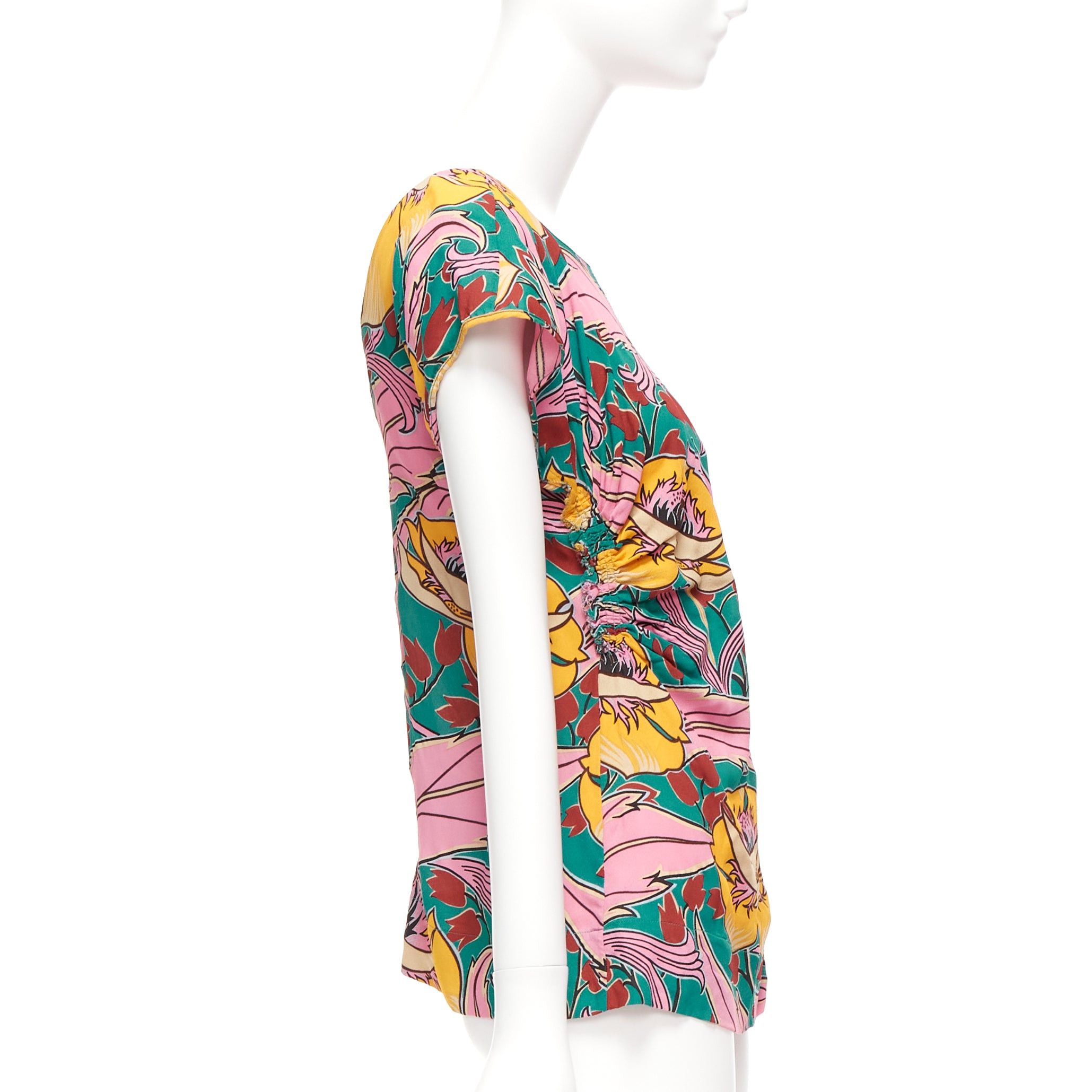 Marni MARNI pink green floral illustration print gathered side cap sleeve top IT38 XS Size XS / US 0-2 / IT 36-38 - 4 Thumbnail