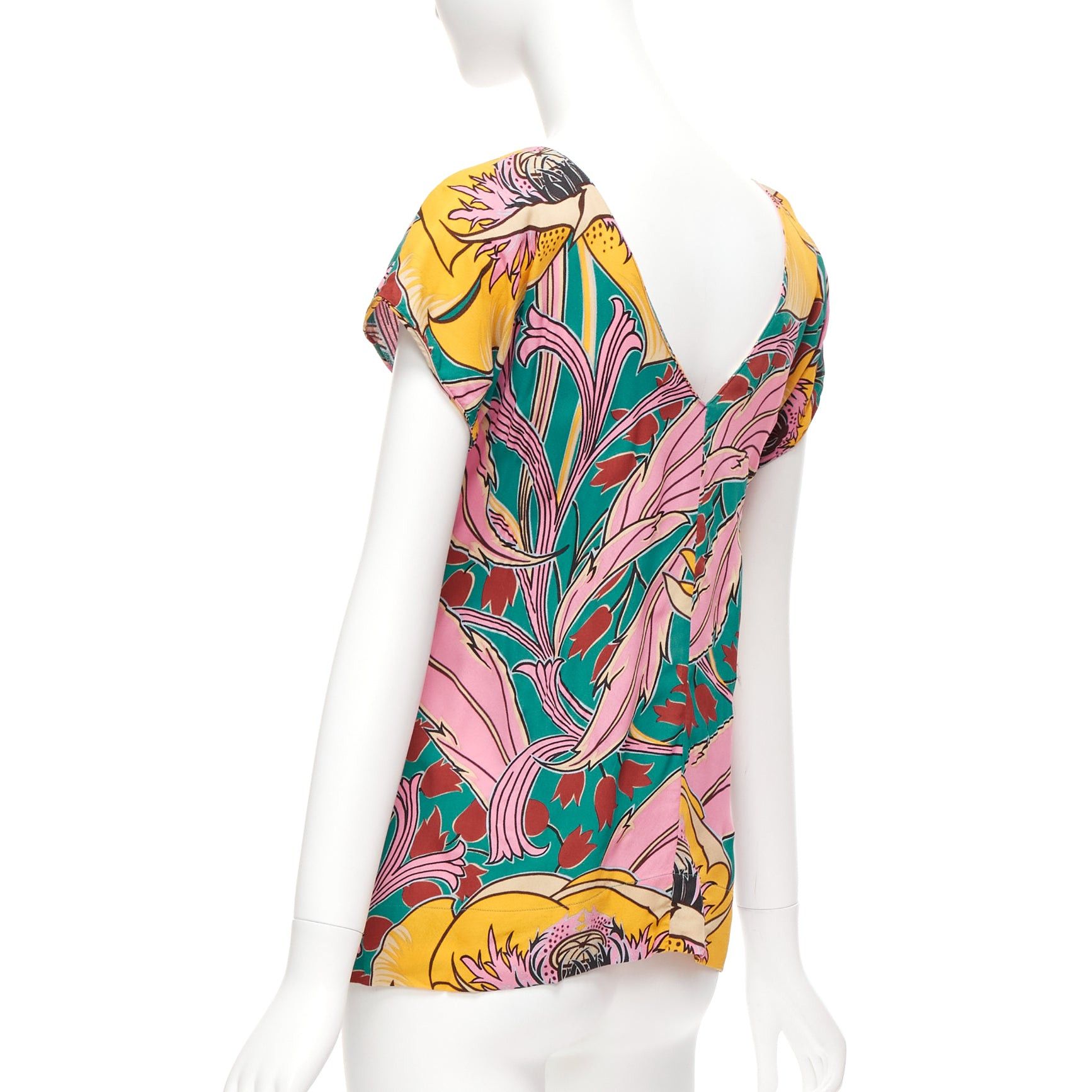 Marni MARNI pink green floral illustration print gathered side cap sleeve top IT38 XS Size XS / US 0-2 / IT 36-38 - 6 Thumbnail