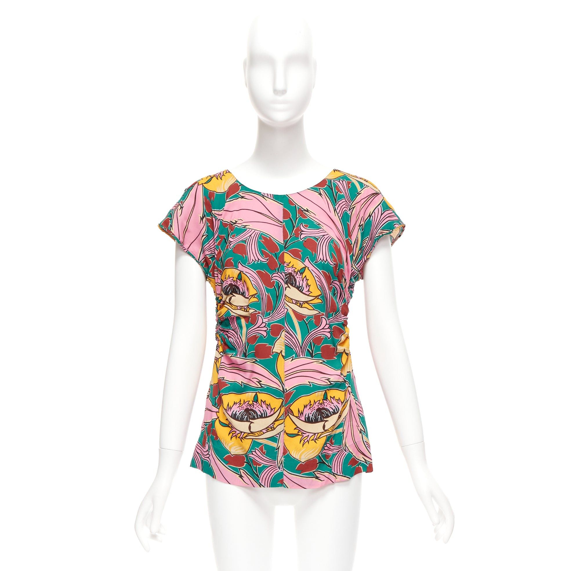 Marni MARNI pink green floral illustration print gathered side cap sleeve top IT38 XS Size XS / US 0-2 / IT 36-38 - 9 Thumbnail