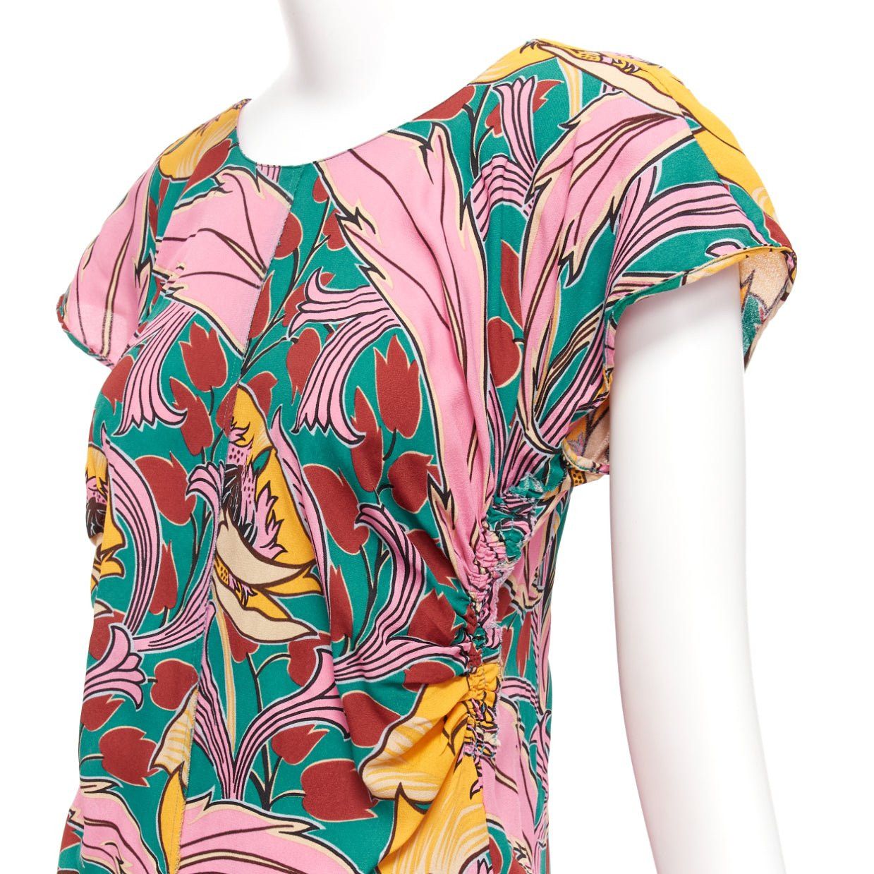 Marni MARNI pink green floral illustration print gathered side cap sleeve top IT38 XS Size XS / US 0-2 / IT 36-38 - 2 Thumbnail