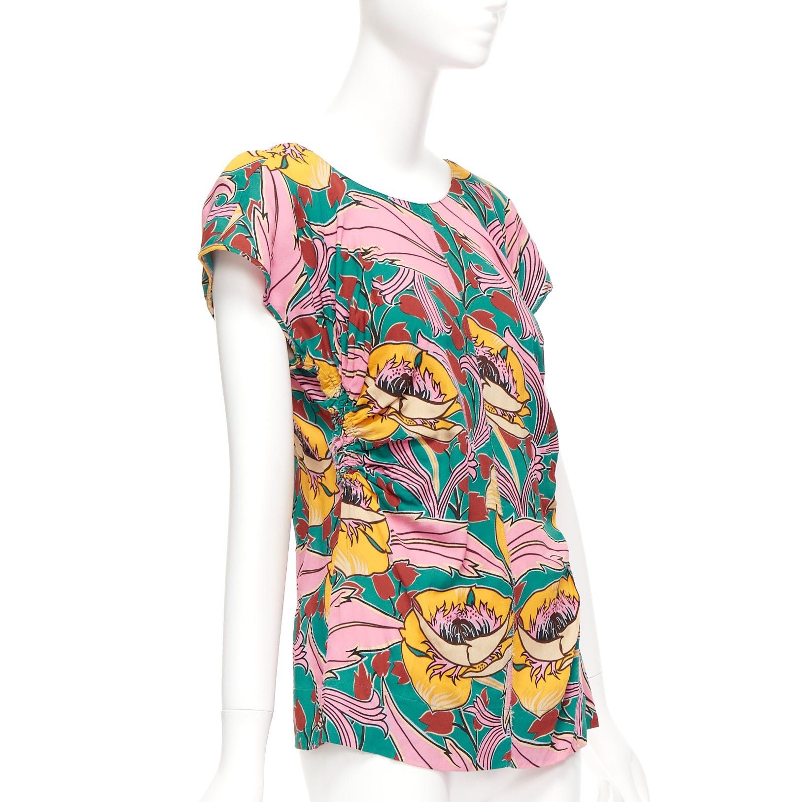 Marni MARNI pink green floral illustration print gathered side cap sleeve top IT38 XS Size XS / US 0-2 / IT 36-38 - 3 Thumbnail