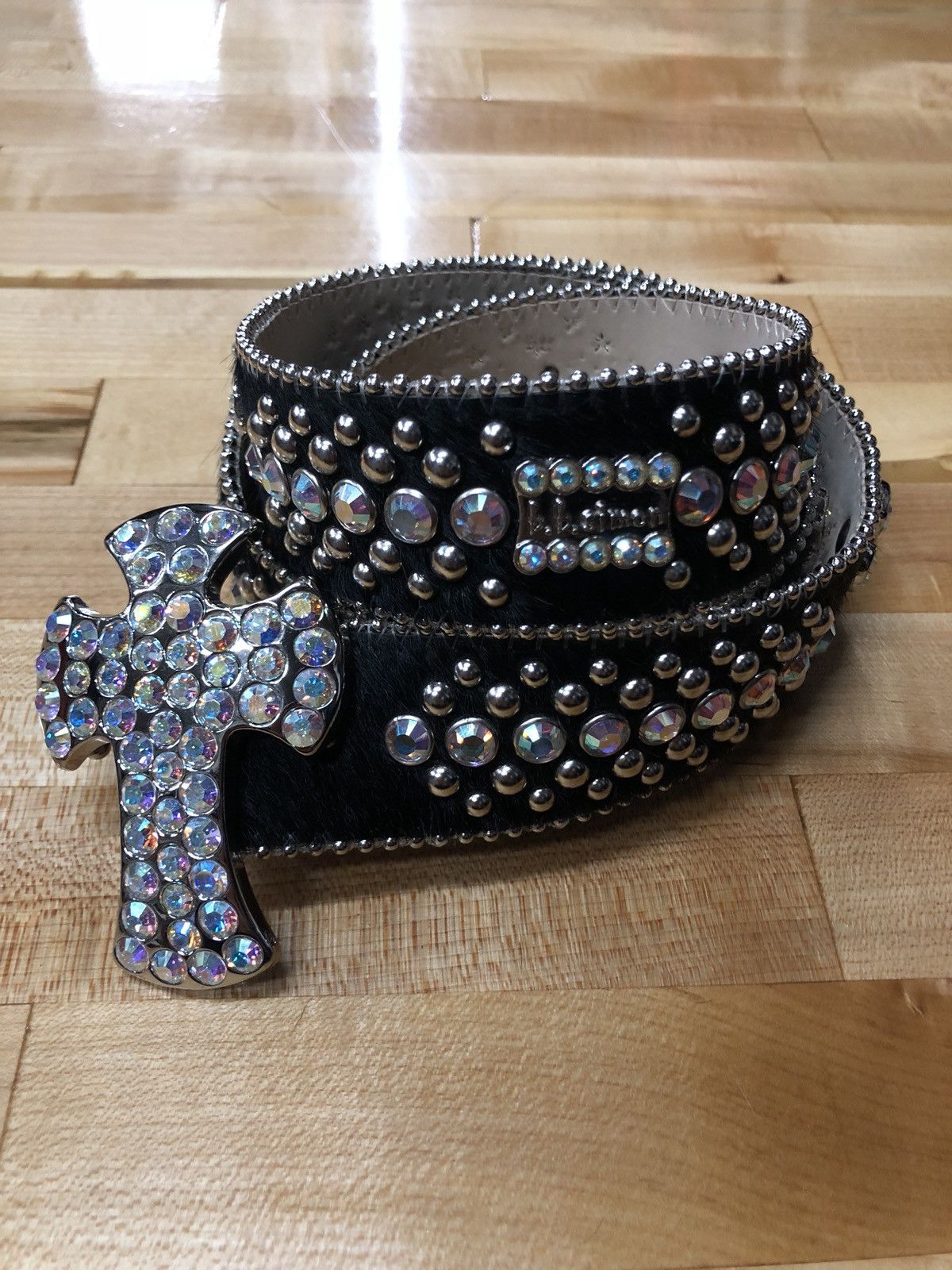 B.B. Simon Black Cameo Hair Cross & Skull Swarovsk BB Simon Swarovski Crystal Skulls Leather Belt 42 XXL | eBay main image 3