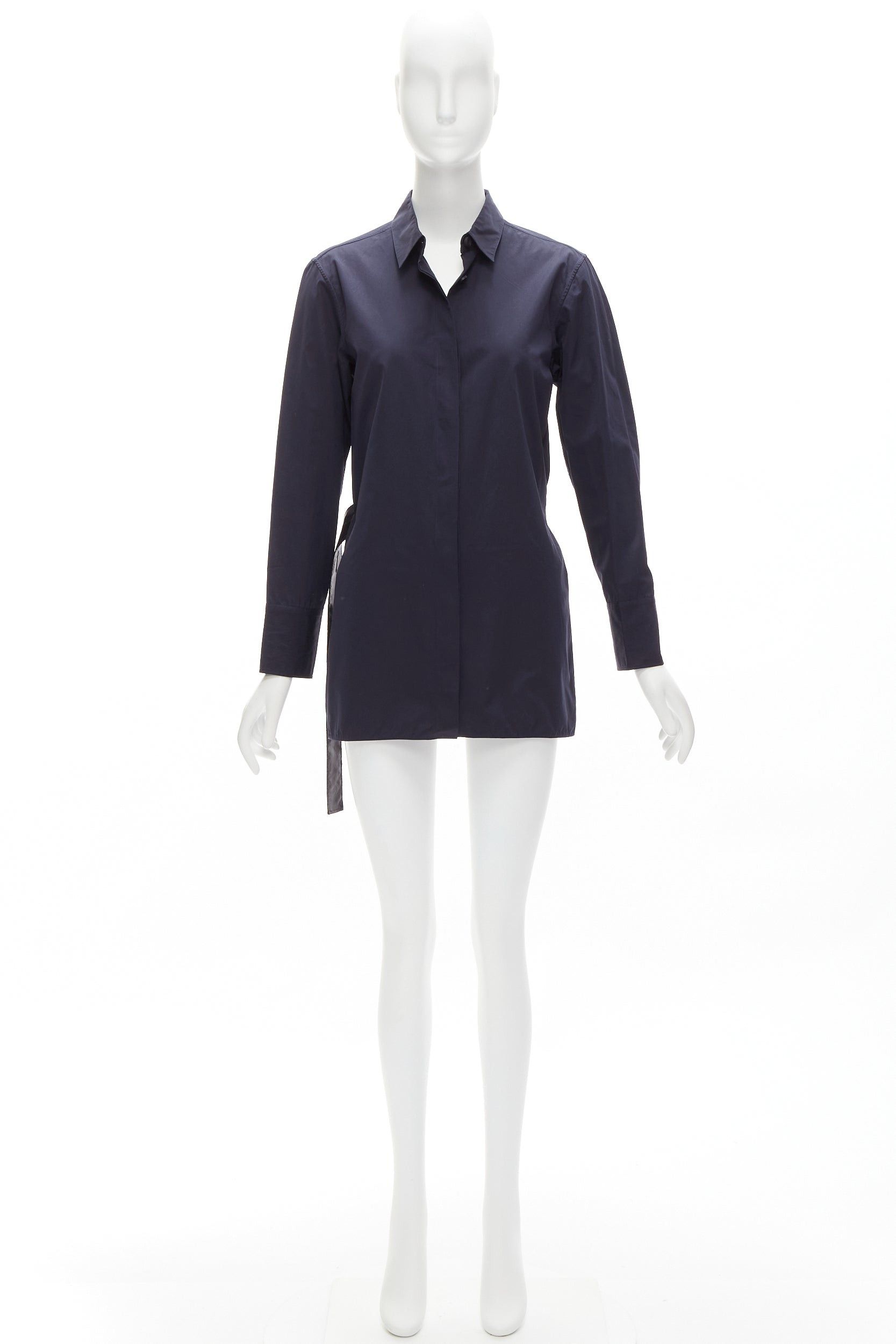 MARNI navy blue cotton rubber button asymmetric belted shirt IT38 XS