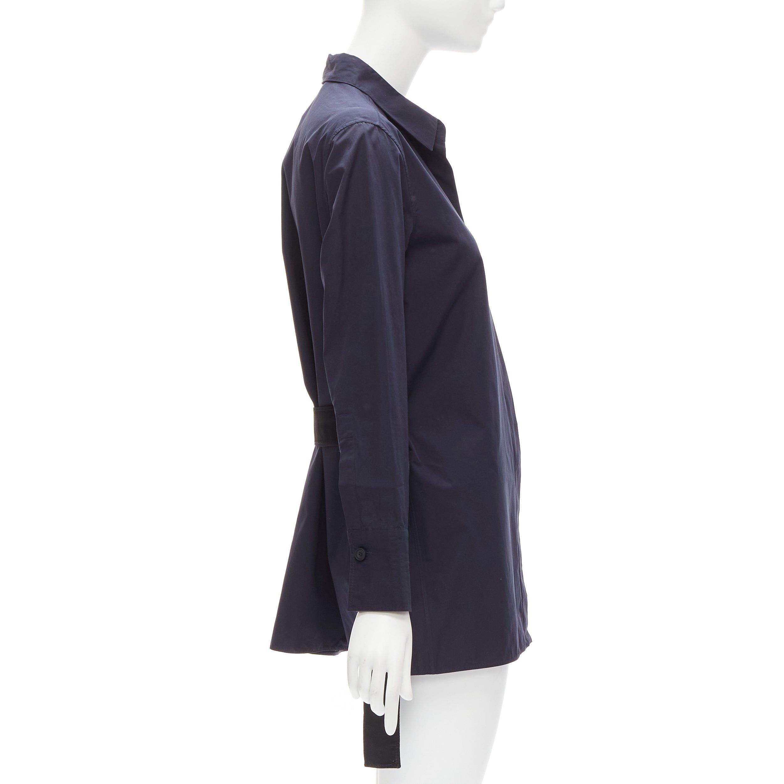 MARNI navy blue cotton rubber button asymmetric belted shirt IT38 XS