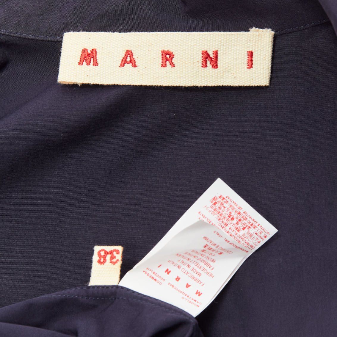 MARNI navy blue cotton rubber button asymmetric belted shirt IT38 XS