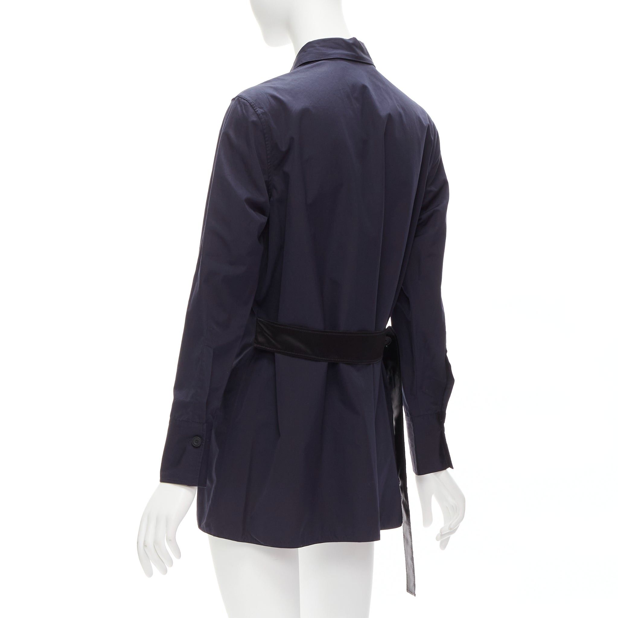 MARNI navy blue cotton rubber button asymmetric belted shirt IT38 XS