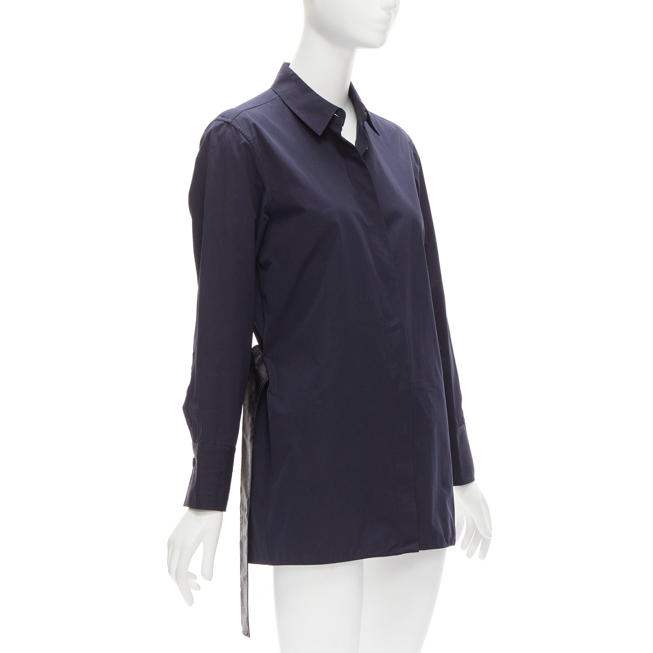 MARNI navy blue cotton rubber button asymmetric belted shirt IT38 XS