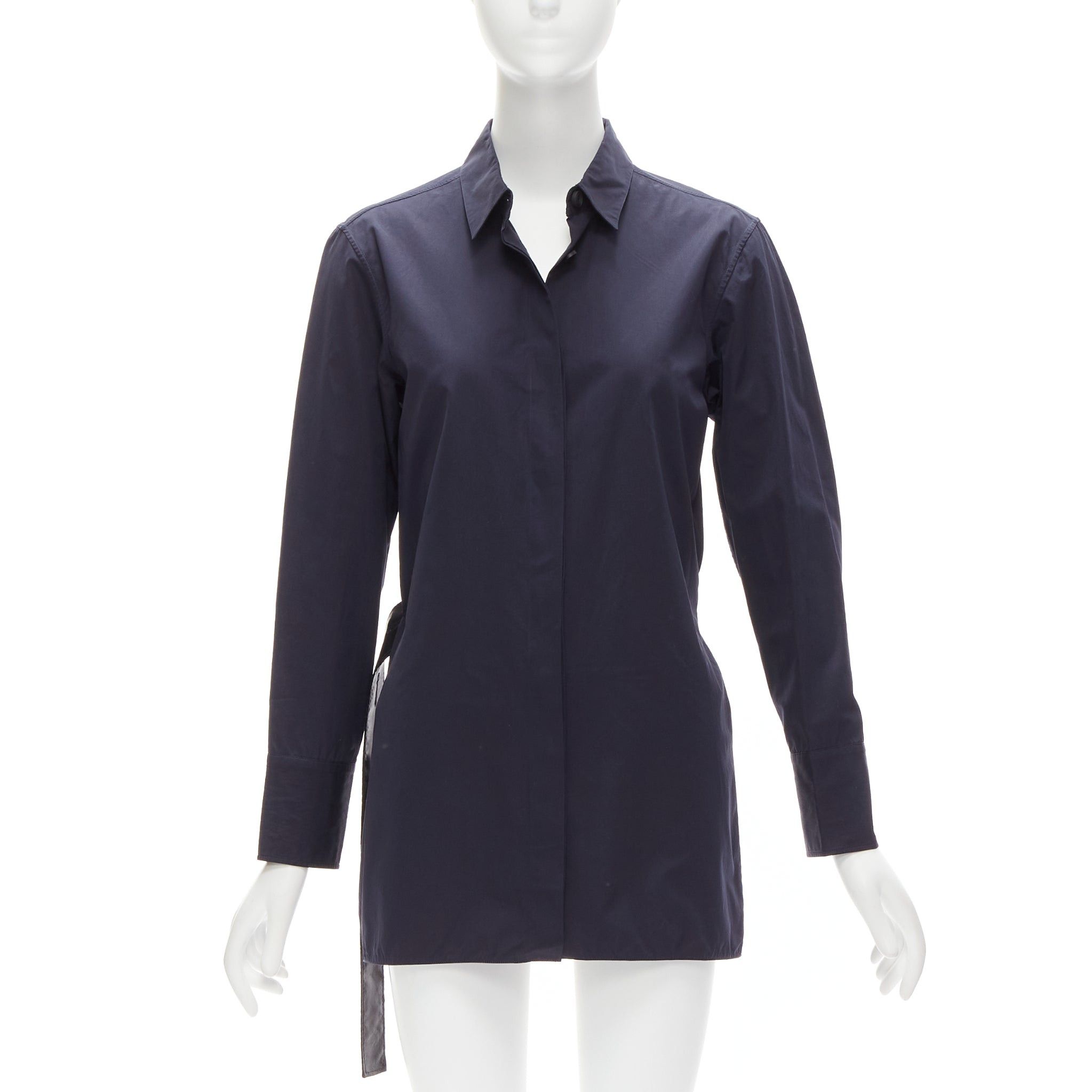 MARNI navy blue cotton rubber button asymmetric belted shirt IT38 XS