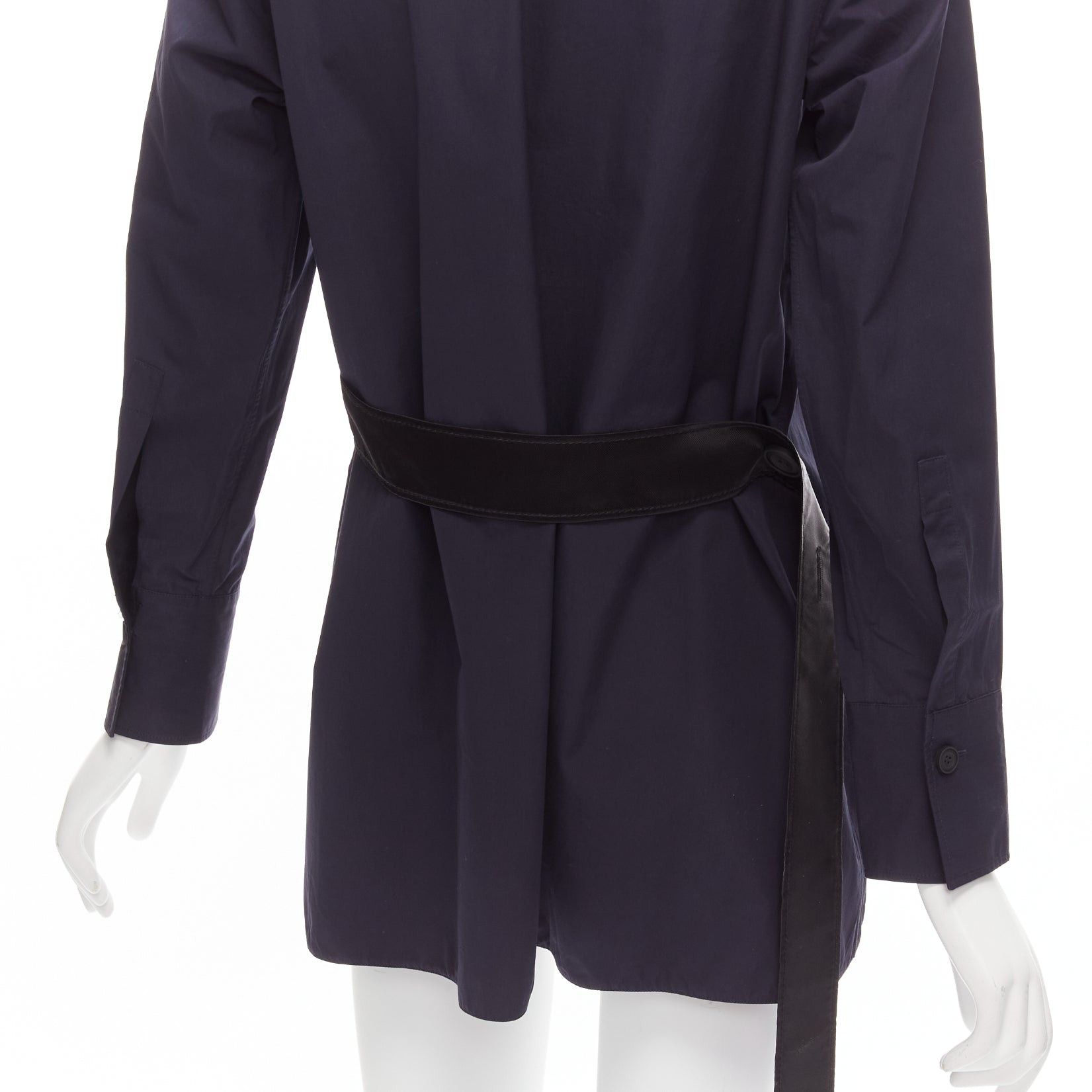 MARNI navy blue cotton rubber button asymmetric belted shirt IT38 XS