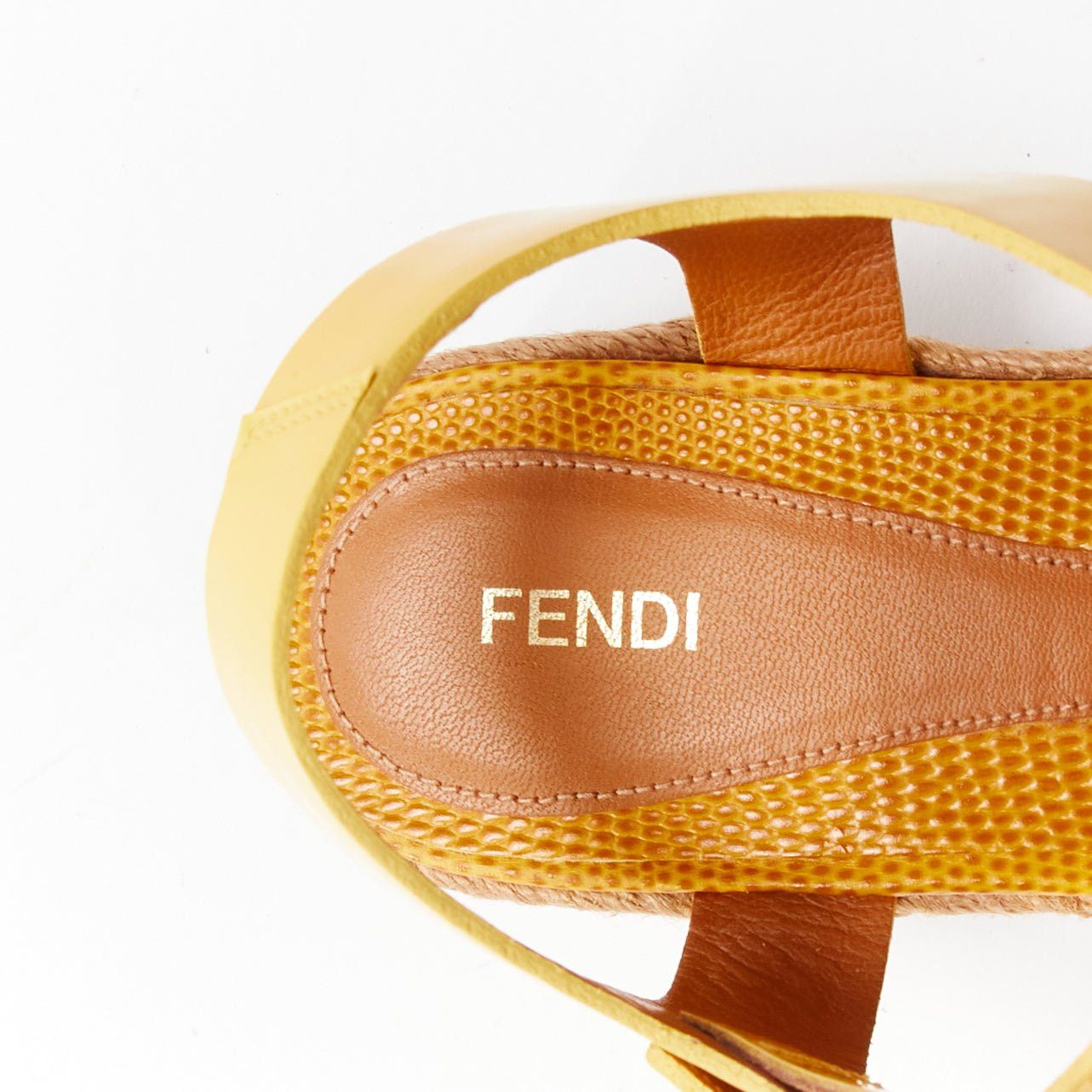 Fendi FENDI yellow embossed leather cross strap patent ankle strap jute sandal EU36.5 Size US 6.5 / IT 36.5 - 9 Thumbnail
