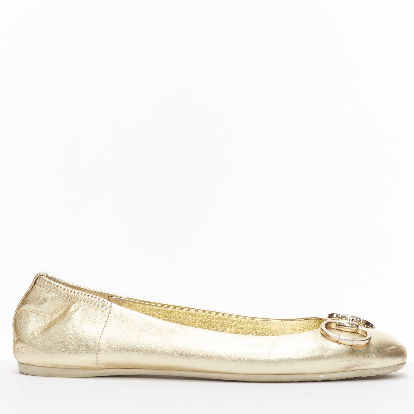 Gucci GUCCI metallic light gold Horsebit buckle round toe ballerina flats EU36 Size US 6 / IT 36 - 2 Thumbnail