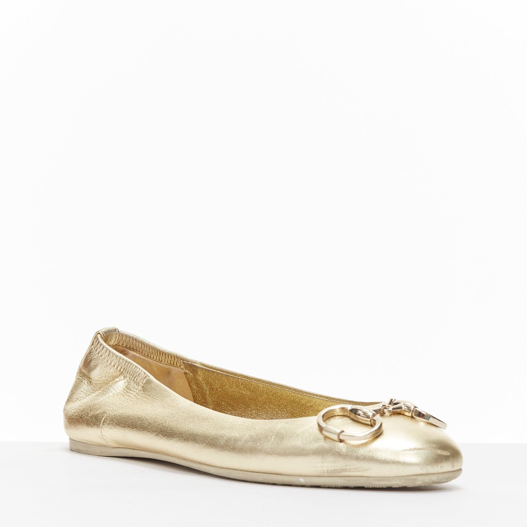 Gucci GUCCI metallic light gold Horsebit buckle round toe ballerina flats EU36 Size US 6 / IT 36 - 3 Thumbnail