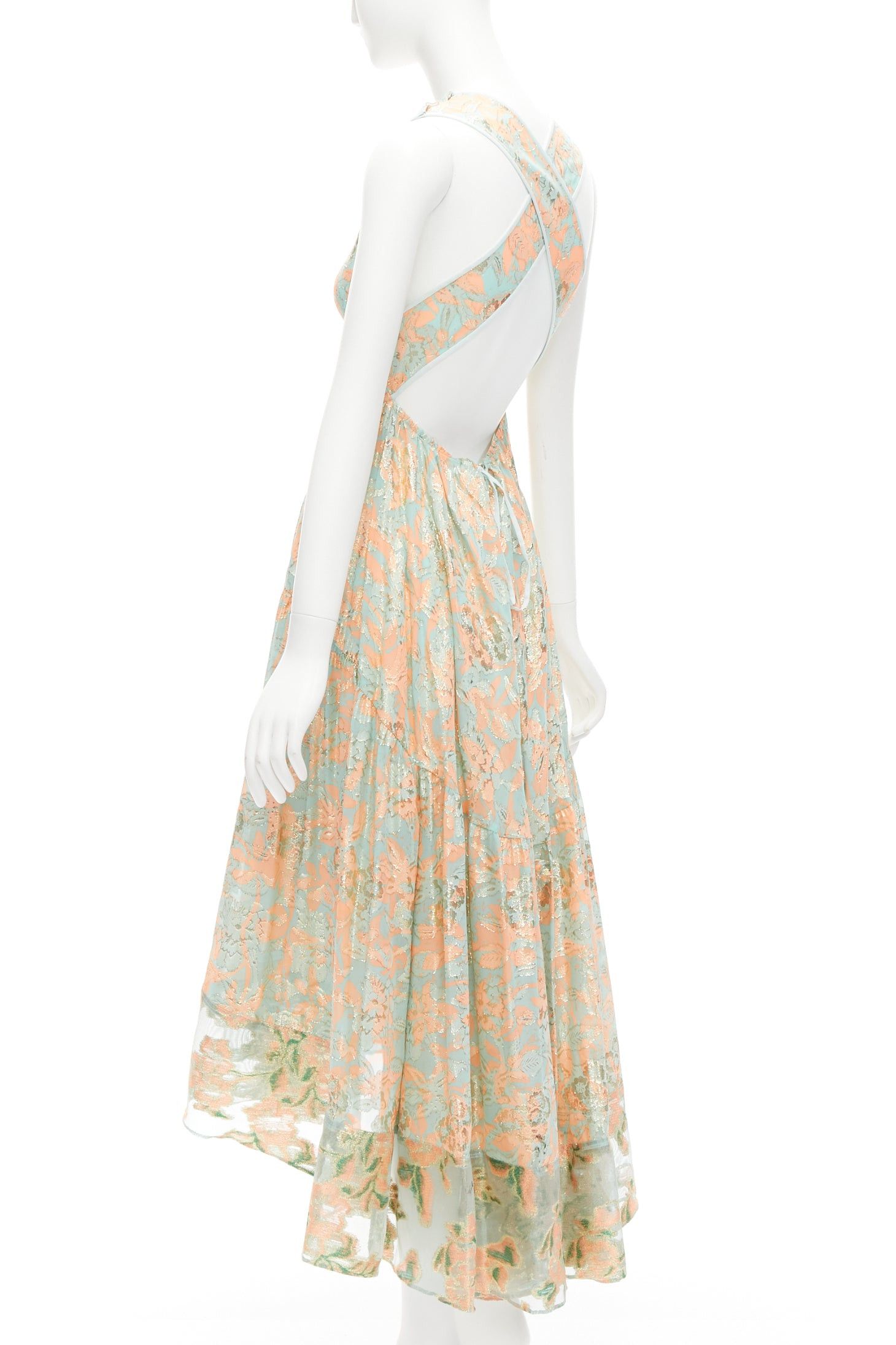 Tory Burch TORY BURCH 2016 Runway green pink metallic silk floral lace brocade dress US2 S Size S / US 4 / IT 40 - 5 Thumbnail