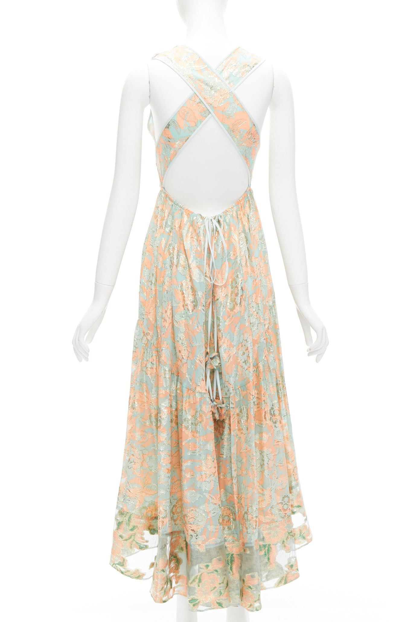 Tory Burch TORY BURCH 2016 Runway green pink metallic silk floral lace brocade dress US2 S Size S / US 4 / IT 40 - 2 Thumbnail