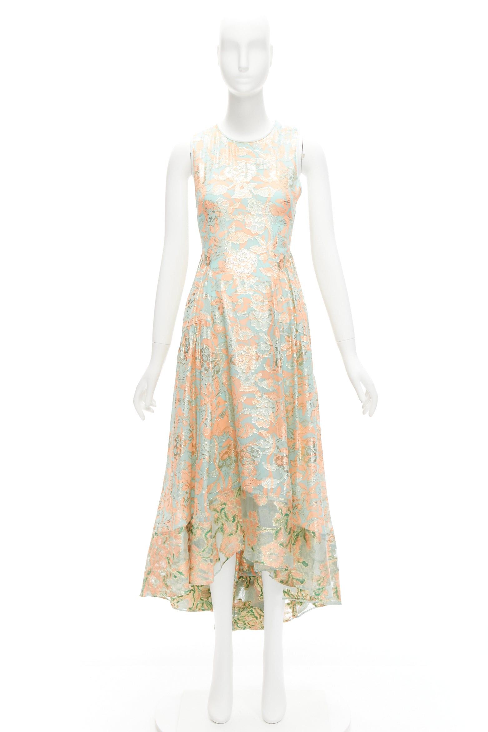 Tory Burch TORY BURCH 2016 Runway green pink metallic silk floral lace brocade dress US2 S Size S / US 4 / IT 40 - 9 Thumbnail