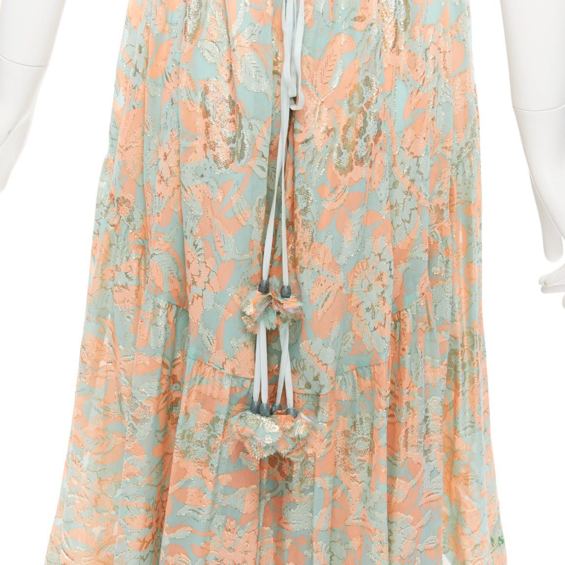 Tory Burch TORY BURCH 2016 Runway green pink metallic silk floral lace brocade dress US2 S Size S / US 4 / IT 40 - 6 Thumbnail