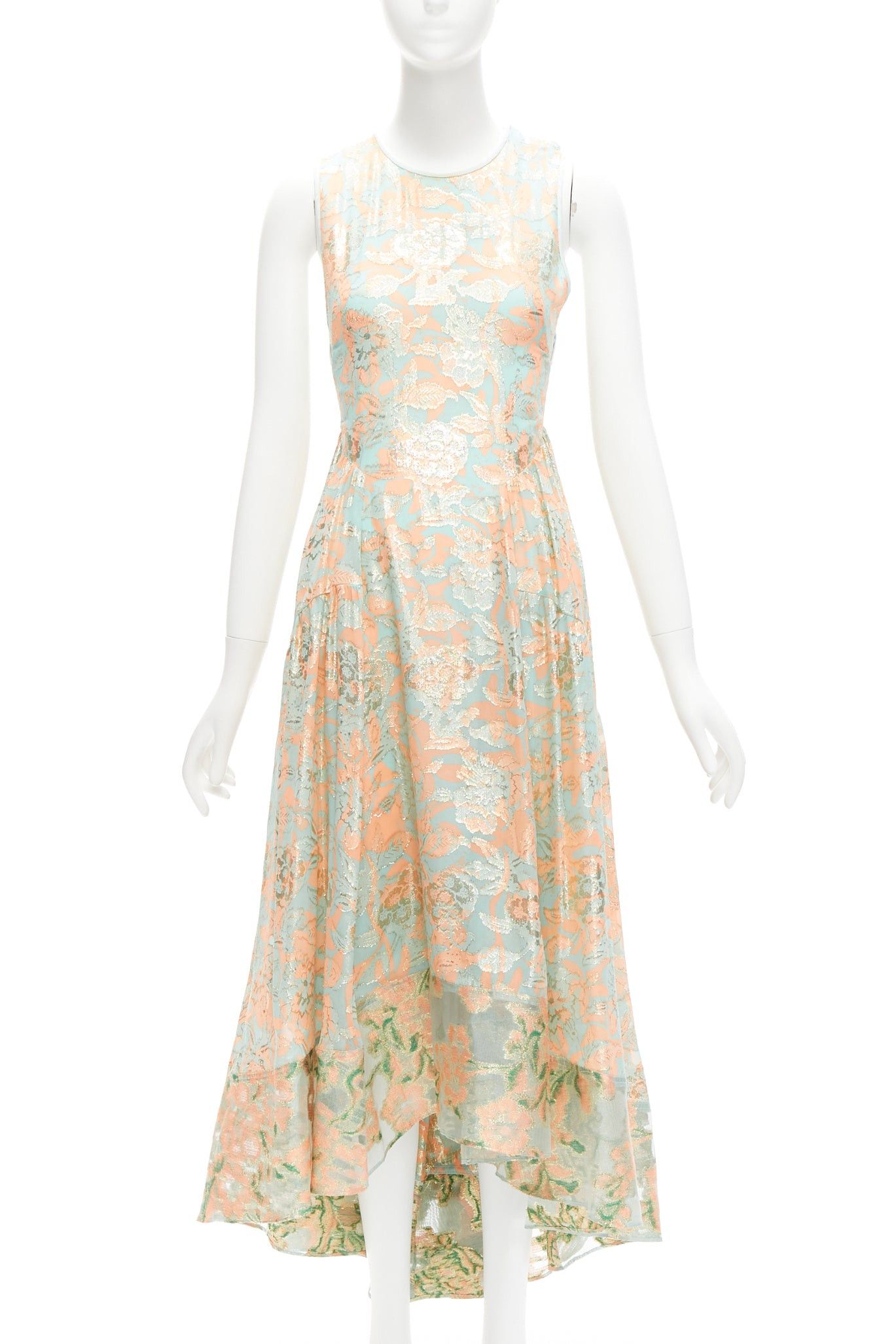 Tory Burch TORY BURCH 2016 Runway green pink metallic silk floral lace brocade dress US2 S Size S / US 4 / IT 40 - 3 Thumbnail