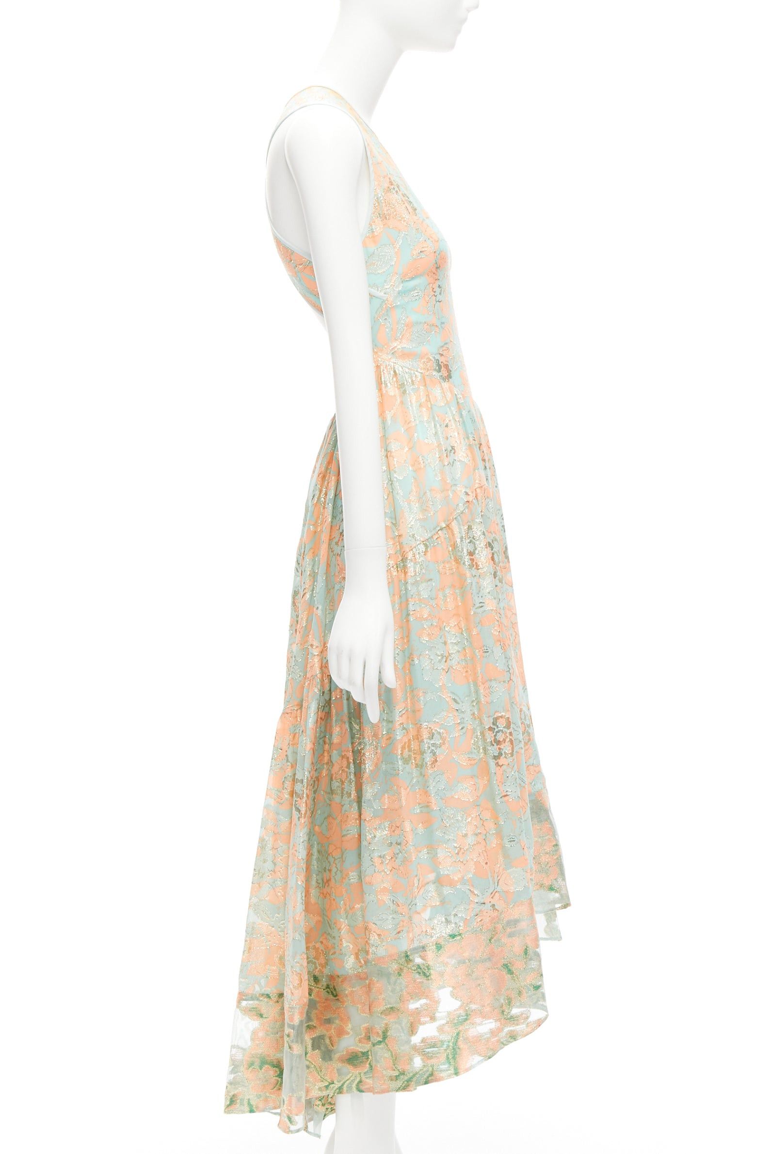 Tory Burch TORY BURCH 2016 Runway green pink metallic silk floral lace brocade dress US2 S Size S / US 4 / IT 40 - 4 Thumbnail