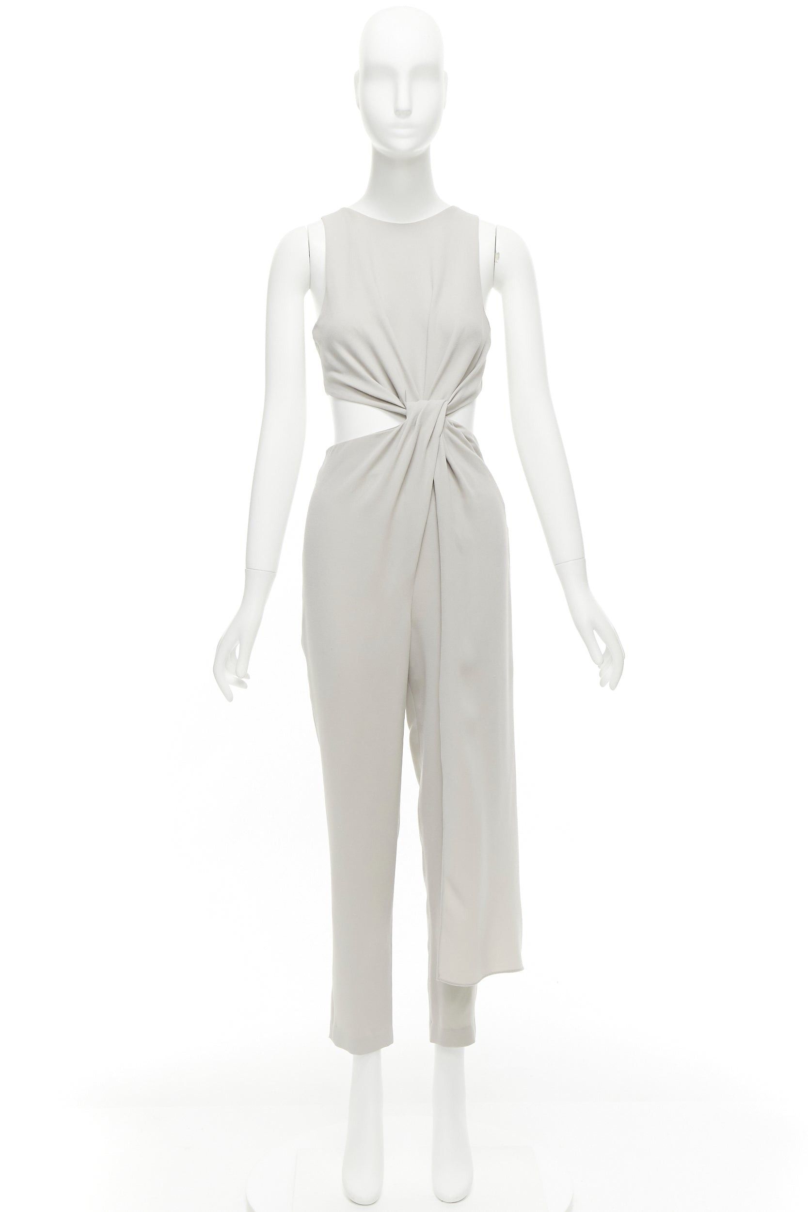 HALSTON HERITAGE grey cut out drape waist asymmetric cropped jumpsuit US0 XS