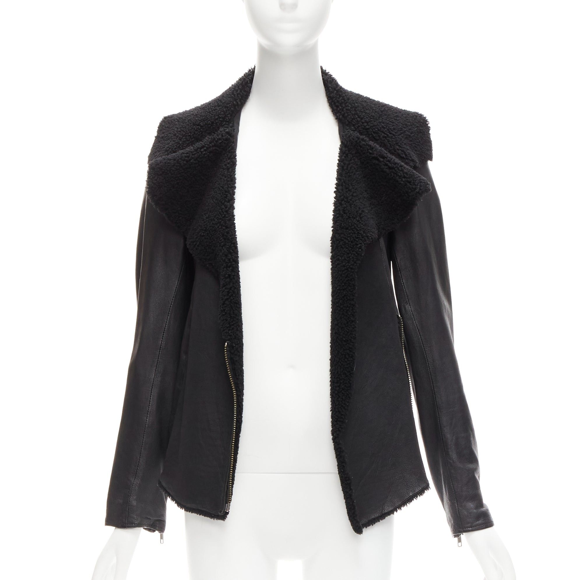Allsaints ALL SAINTS Nene black sheepskin leather shearling lined biker jacket UK8 S Size S / US 4 / IT 40 - 3 Thumbnail